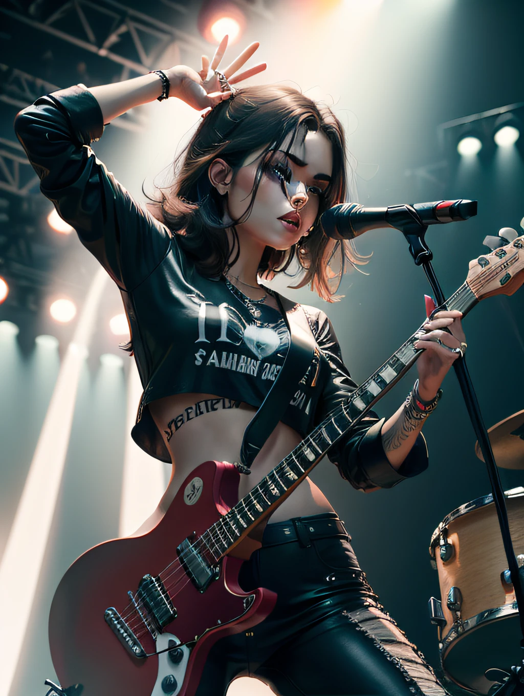 mulher vestida estilo rockeira, com blusa de couro preta, black leather pants, com adornos de caveira, cabelos loiros longos esparramados, tocando uma guitarra vermelha com detalhes de desenho de fogo, em um palco de show de rock