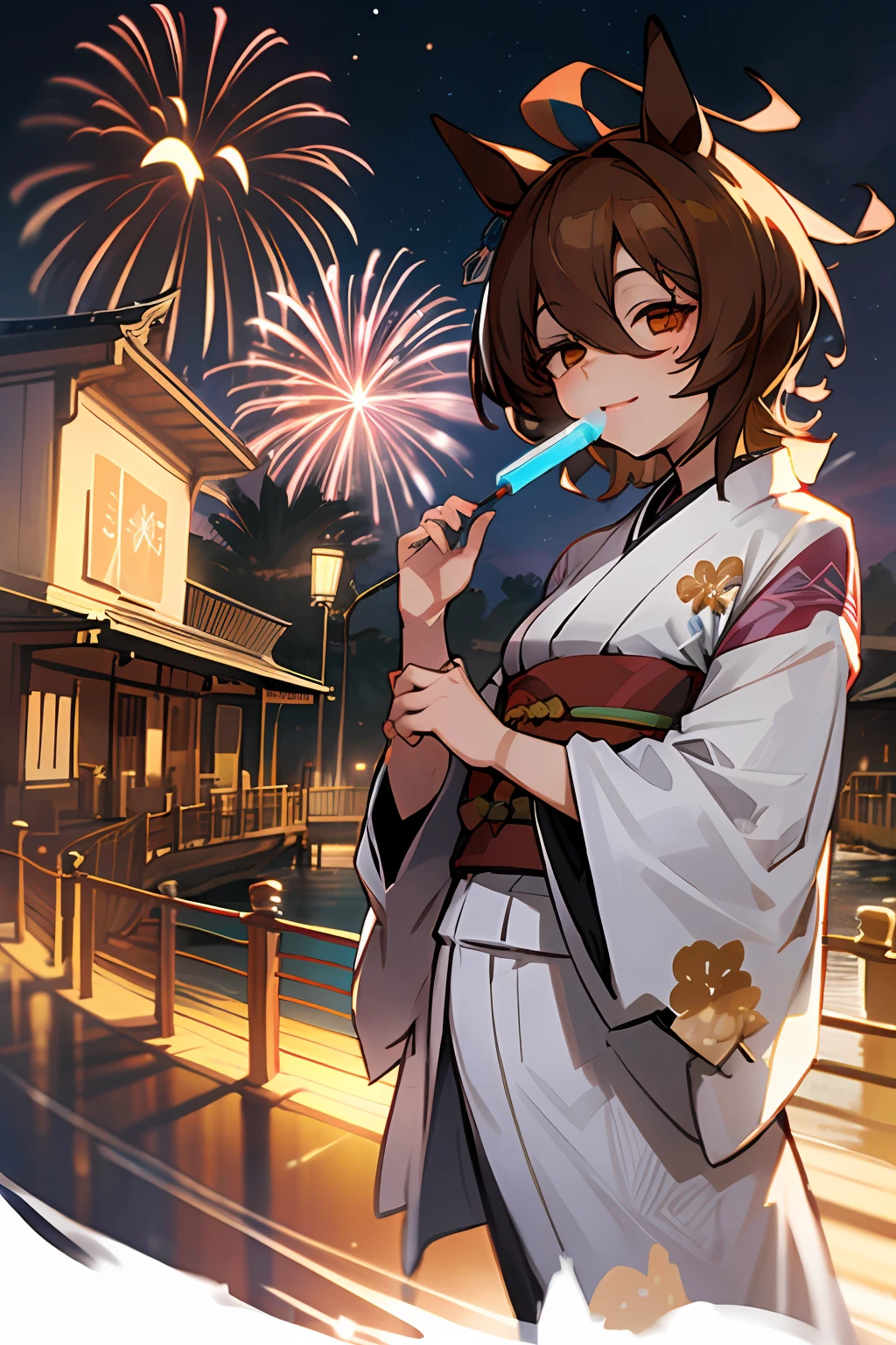((masterpiece、top-quality))、、1girl in、dynamic ungle、dynamicposes:1.4、full body Esbian、Agnes-Tachyon\(Umamusume\)、独奏、hunk_Eyes、Marl、Kimono with white、 ((Genji fragrance pattern yukata, Geta), Gentle smile, Fireworks in the night sky, fireworks at background, 、modest tail、Kimono、Holding a popsicle in your hand