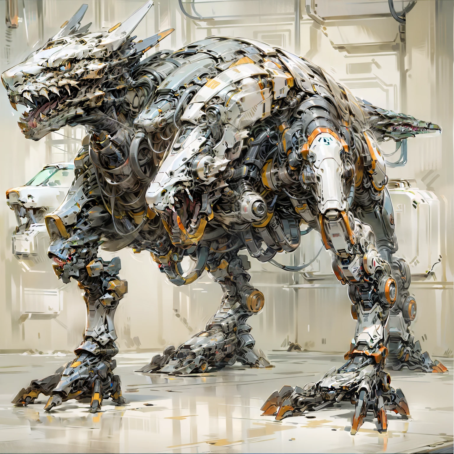 Four-legged mechanical monster in the shape of a dinosaur,line,three sided view, Anatomically correct, Masterpiece,high detal