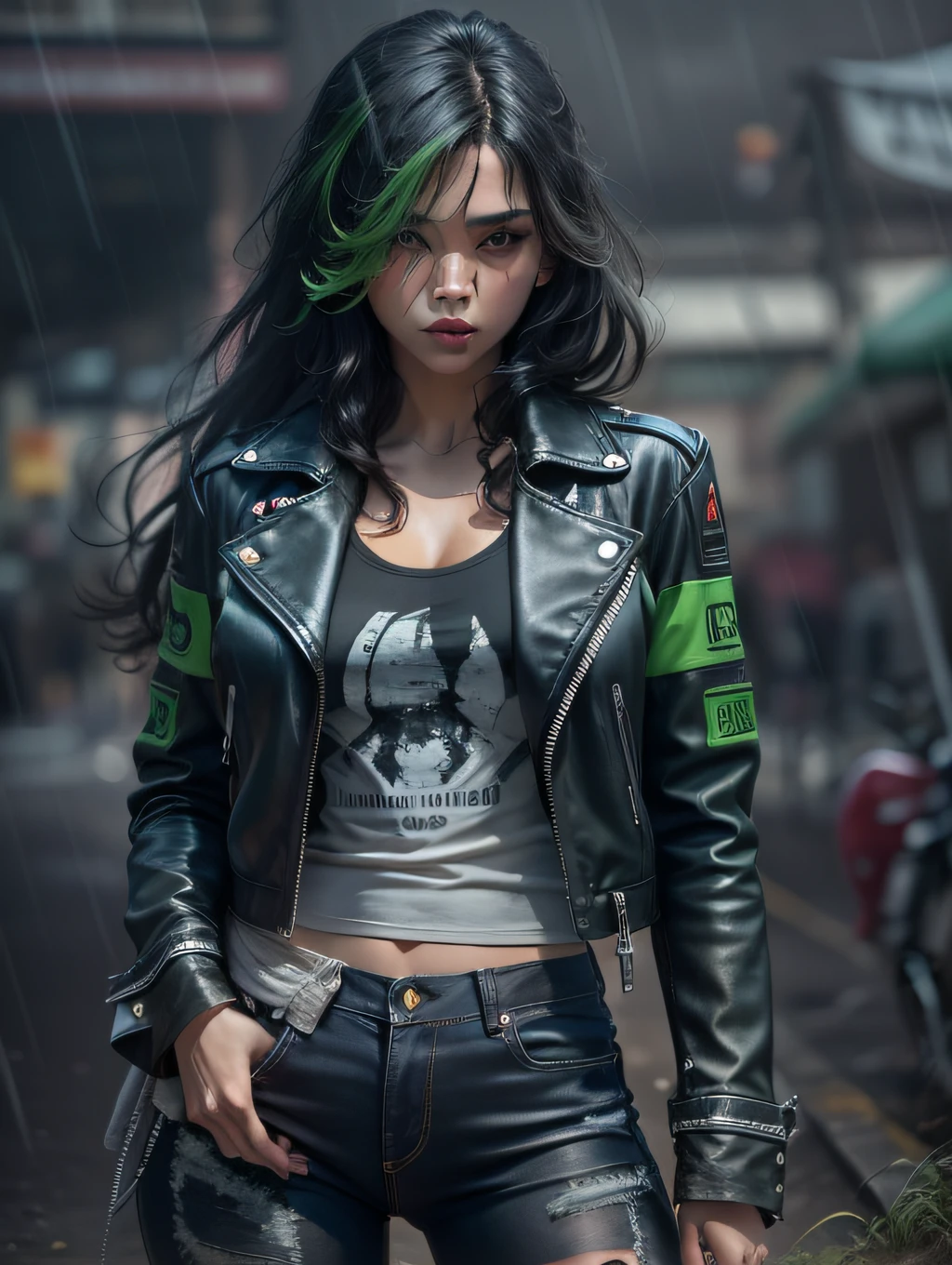 mulher vestida de motoqueira estilo sensual, com blusa jeans preta de gang, with black leather pants, com cabelos loiros, e olhos verdes, encostada em um muro de viela de cidade cheio de grafite de desenhos de caveira, em noite de chuva fraca