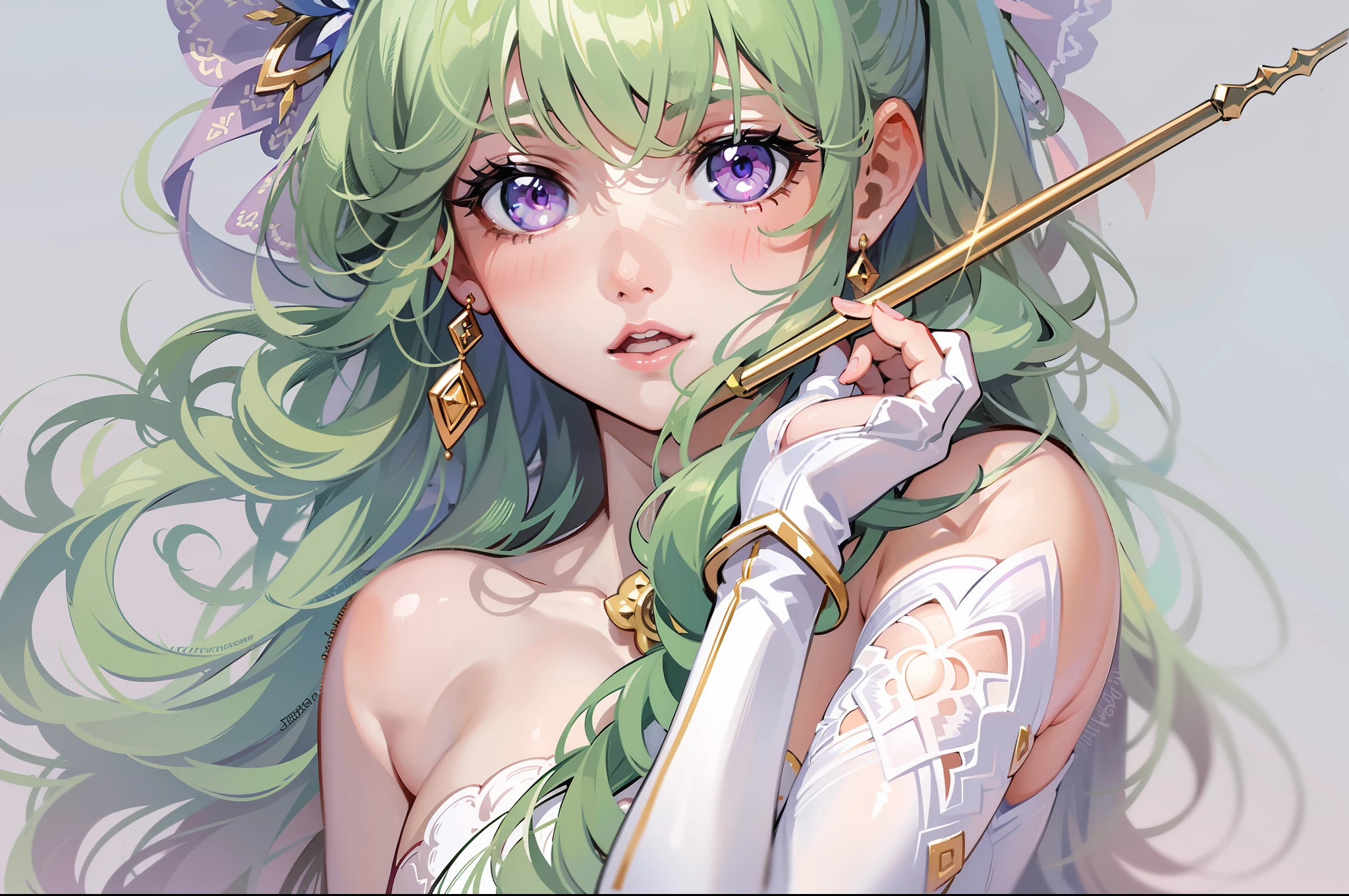 ((Masterpiece)), (best quality), highres, ultra detailed, gradient, dynamic pose, wide shot, golden ratio, super cute girl, (mature girl), super beautiful girl with super cute and sexy face, (super cute face expression), most beautiful warrior girl, with most beautiful shiny violet eyes, very detailed and expressive eyes, super beautiful long green hair, twin tails, very delicate and gorgeous, very delicate and beautiful hands and fingers, wearing a super girly white tight bodysuit, beautiful pink crystal boots, very powerful and beautiful outfit, with a super beautiful magical rod, with beautiful powers, in a divine realm full of combat, mesmerizing and enchanting