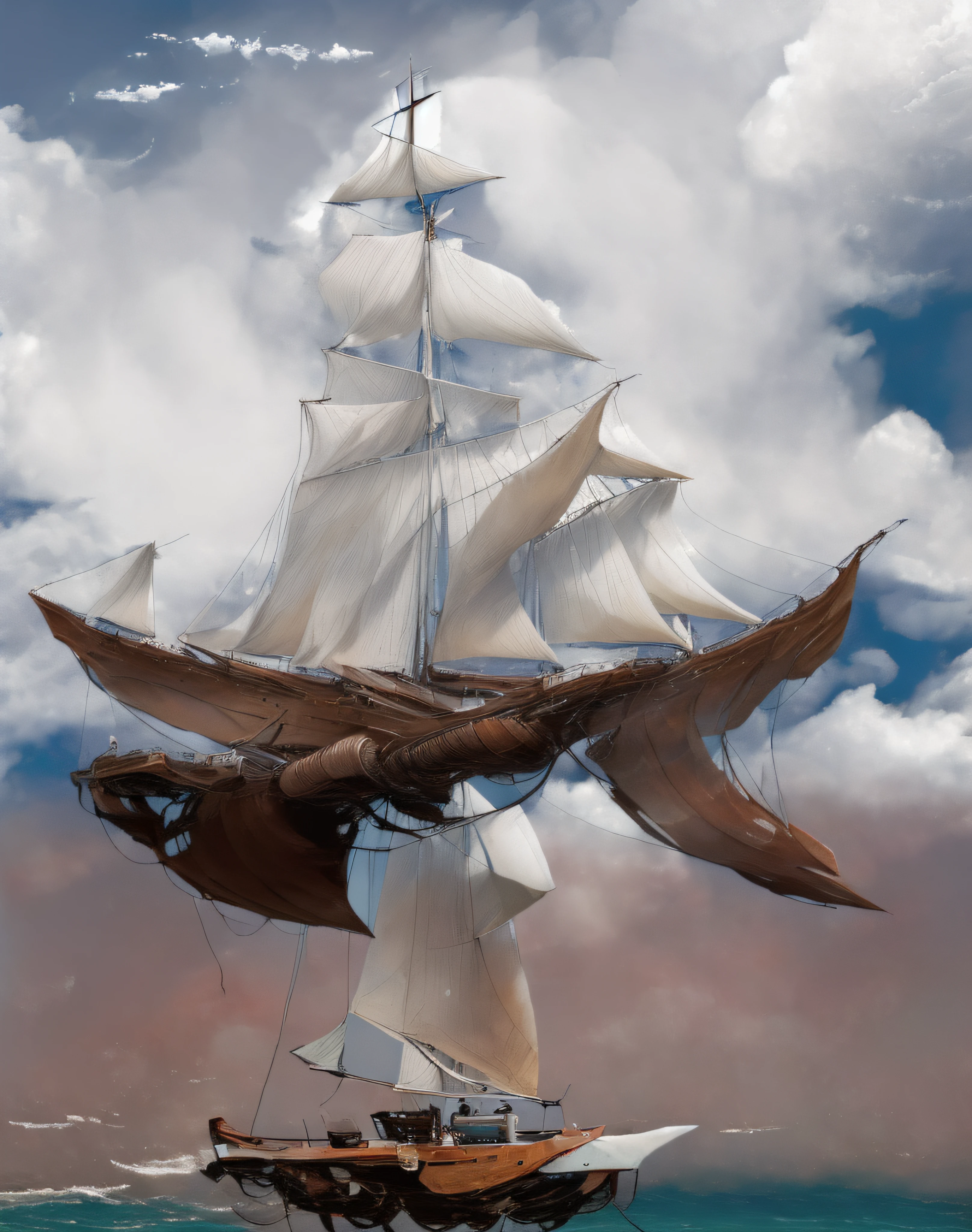 Precioso super velero blanco muy estilizado flotando entre las nubes multicolores y abajo un mar esmeralda muy embravecido con enormes olas amenazantes