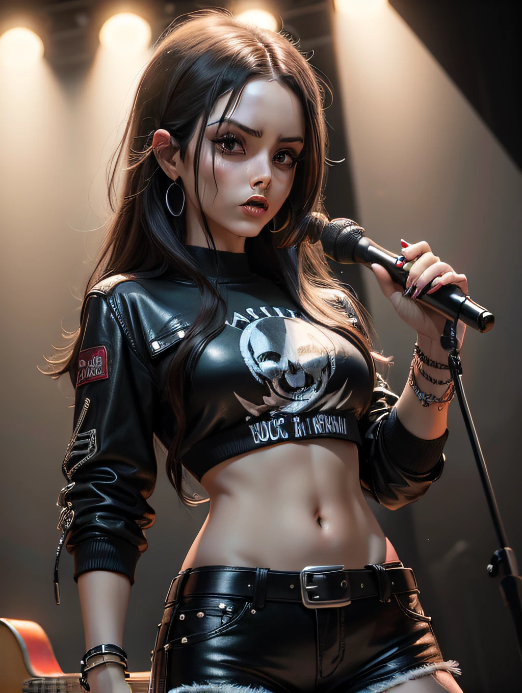 mulher vestida estilo rockeira, com blusa de couro preta, black leather pants, com adornos de caveira, cabelos loiros longos esparramados, tocando uma guitarra vermelha com detalhes de desenho de fogo, em um palco de show de rock