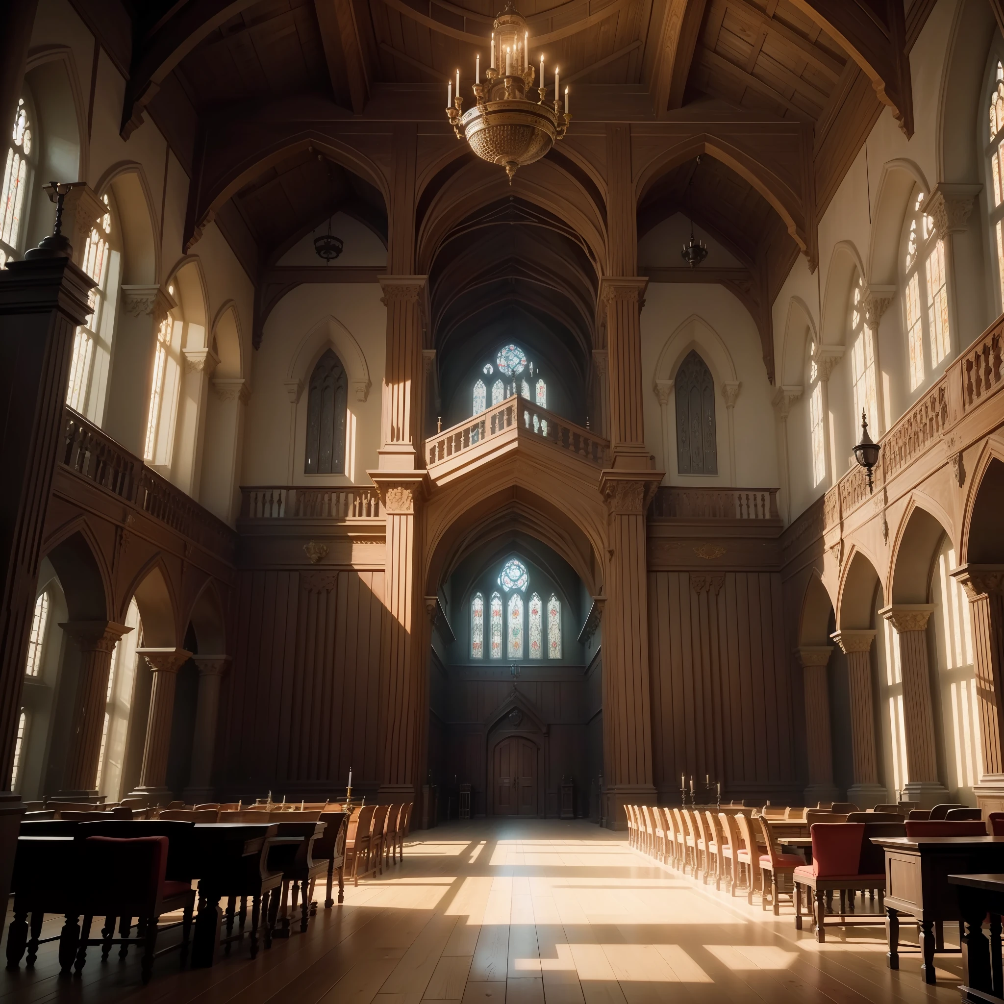 Hogwarts interior, great hall, four long tables with candlesticks and plates on top, tall wooden doors, rustic style, Russian architecture, high definition, ultra hd, 4k definition