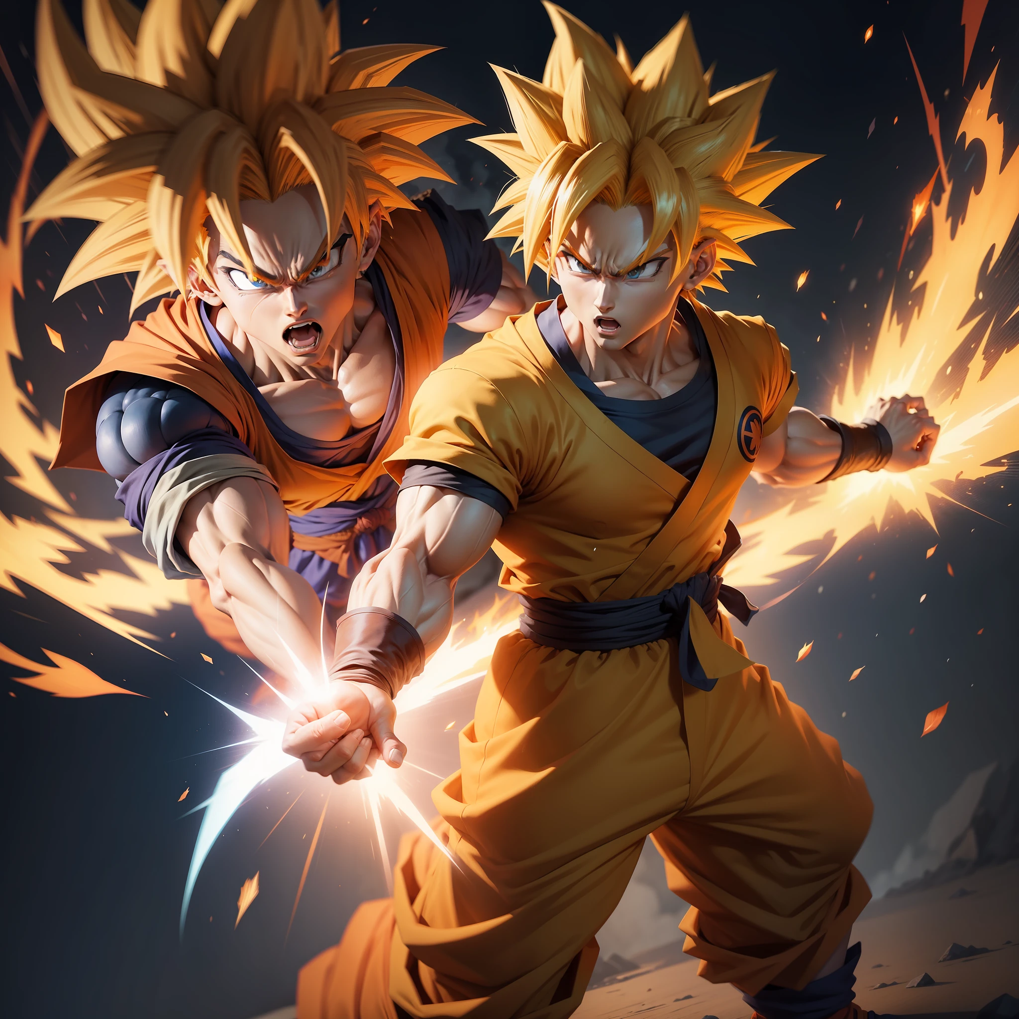 Animated image of Goku in super Sayajin level 3, looking-into-camera, e com a roupa rasgada, com olhar de raiva