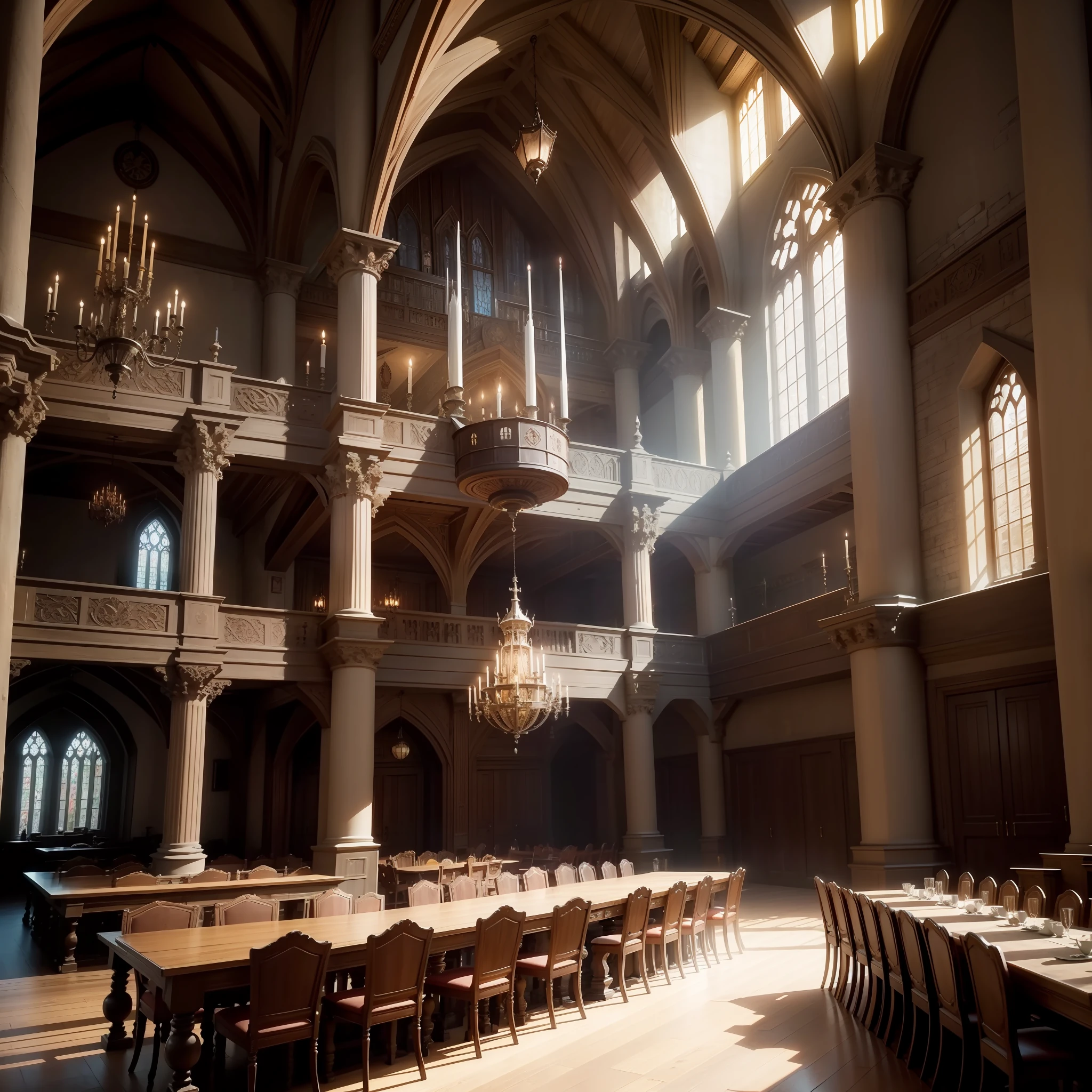 Hogwarts interior, great hall, four long tables with candlesticks and plates on top, tall wooden doors, rustic style, Russian architecture, high definition, ultra hd, 4k definition