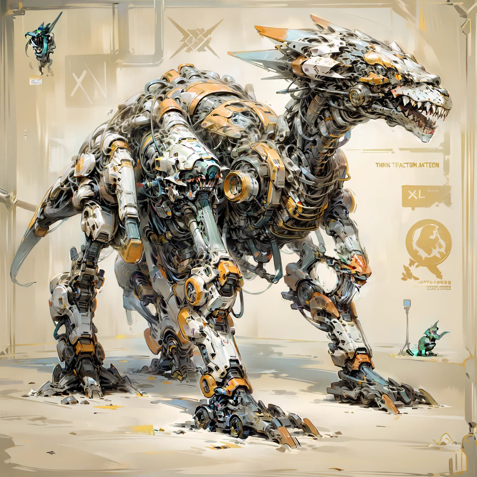 Four-legged mechanical monster in the shape of a dinosaur，line，（three sided view：in front，Lateral face，behind）,  Anatomically correct, Masterpiece，high detal