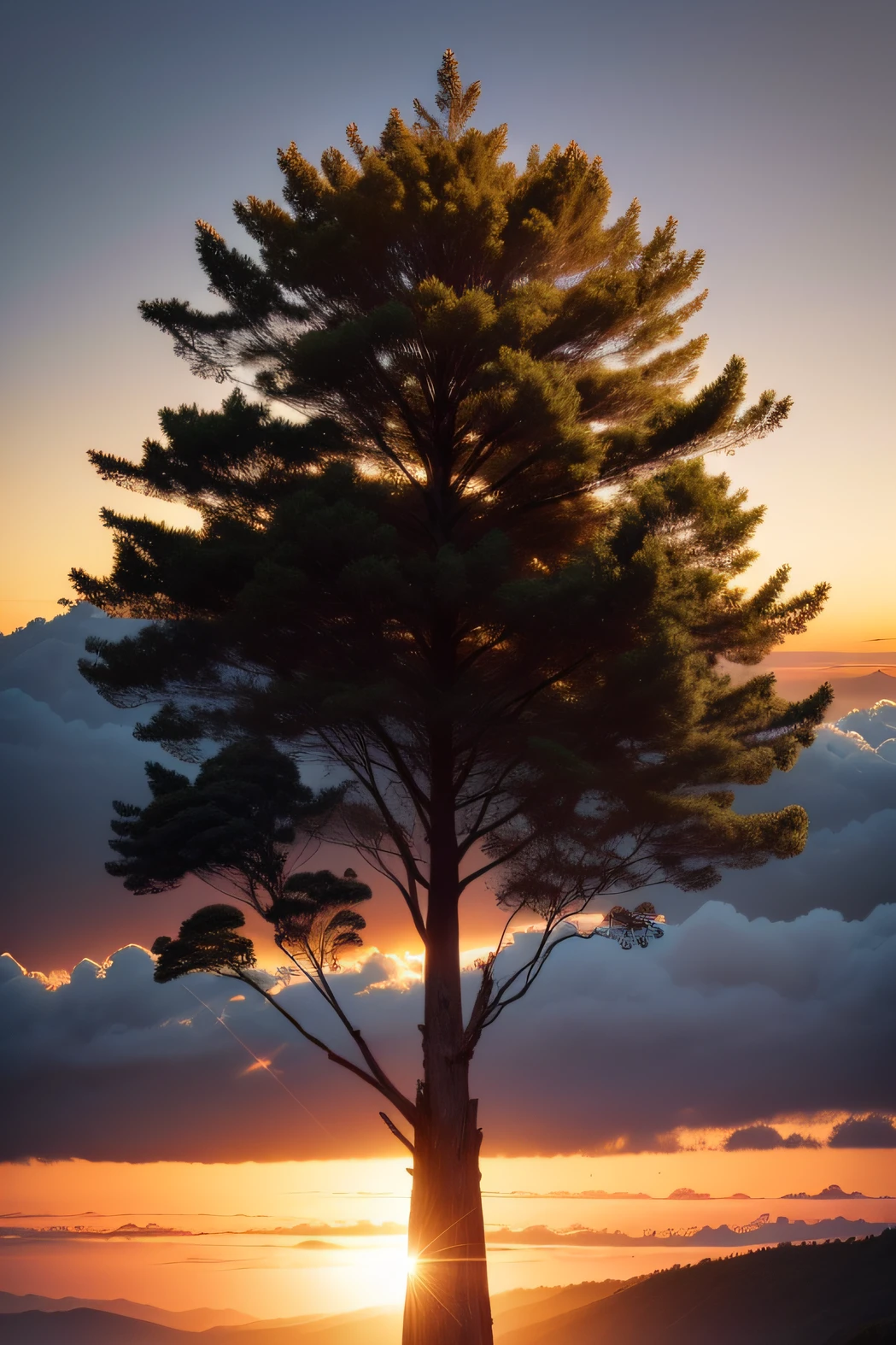 tree, com foco frutas, em um fundo com nascer do sol, com gramado, 8k, --ar 3:1. The image must be as realistic as possible. A imagem deve ser focar nos frutos