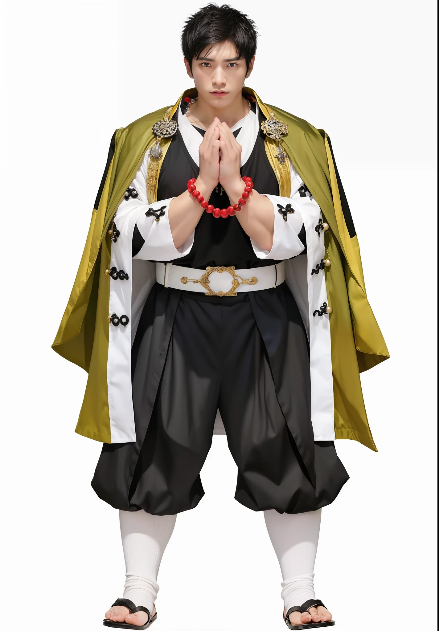 1boy,himejima gyomei,tall,muscle,veins,short black hair,spiky hair,scar on forehead,no pupil,no emotion,black long sleeve uniform,white belt,dark yellow mantel,prayer,rosary around the neck,rosary around hand,men face,male focus,realistic,more detail,70mm lens