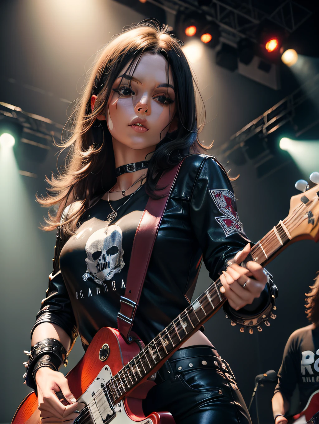 mulher vestida estilo rockeira, com blusa de couro preta, black leather pants, com adornos de caveira, cabelos loiros longos esparramados, tocando uma guitarra vermelha com detalhes de desenho de fogo, em um palco de show de rock