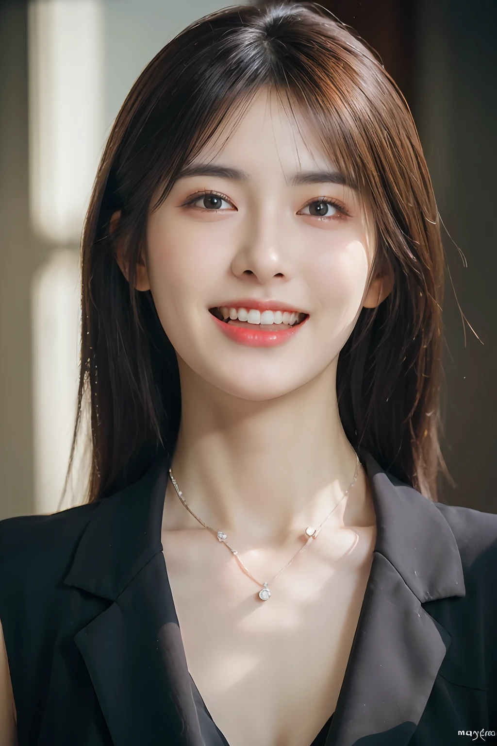 Dressed, (photographrealistic:1.4), (Hyper realistic:1.4), (Realistic:1.3), (Smoother lighting:1.05), (increase cinematic lighting quality:0.9), 32K, 1girl in,25-years old, Realistic lighting, Backlighting, Light on Face, raytrace, (Brightening light:1.2), (Increase quality:1.4), (Top quality real texture skins:1.4), finely detailed eyes, finerly detailed face, (tired and sleepy and joy:0), (Laugh:1.4), Black Suit,a necklace, (Increase body line mood:1.1), (Increase the beauty of skin texture:1.1)