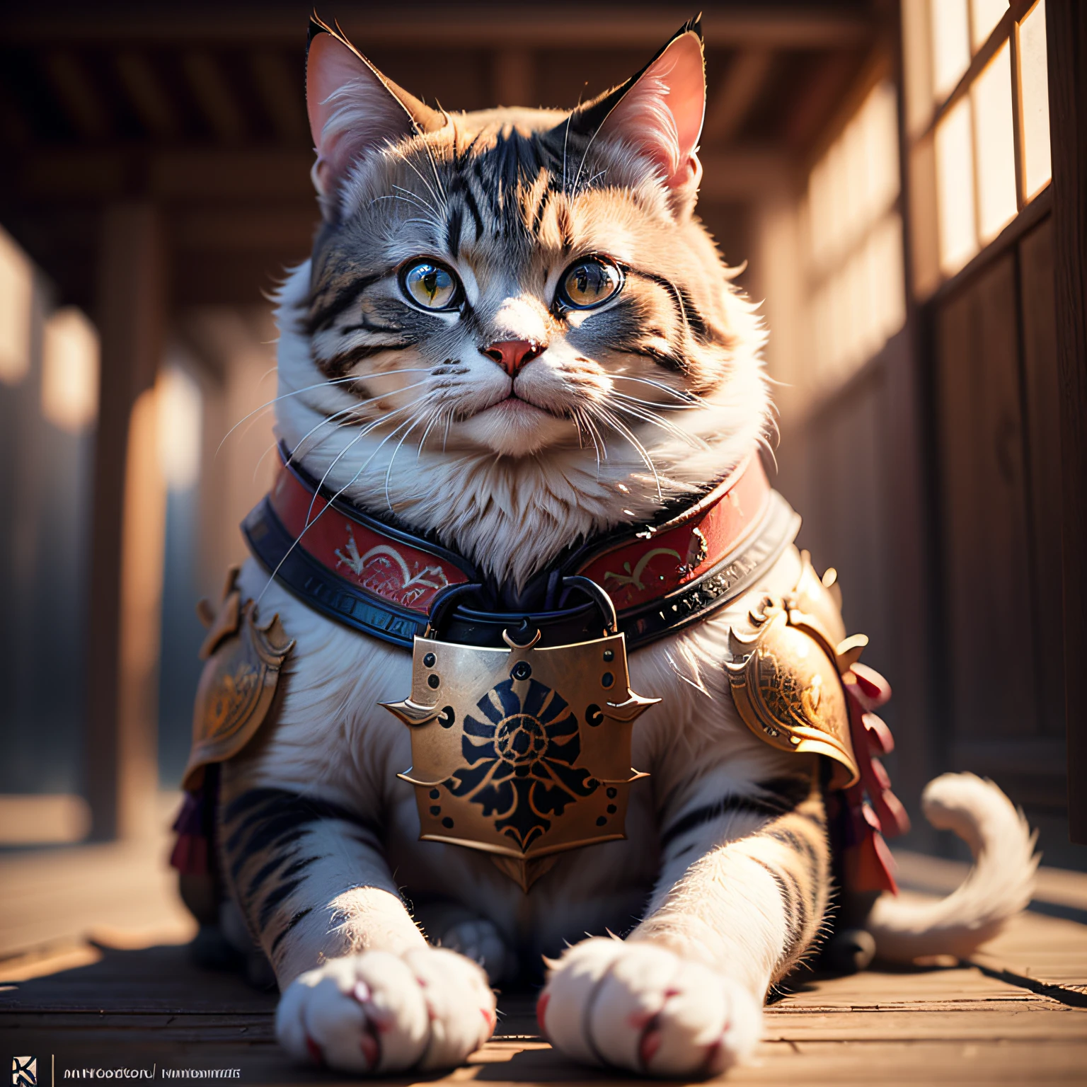 An ancient anthropomorphic cat samurai using an ancient samurai armor, photography, beautiful, bokeh temple background, colorful, masterpieces, top quality, best quality, official art, beautiful and aesthetic, realistic, cinematic light, (sharp focus:1.6), highly detailed, ultra realistic, 8k