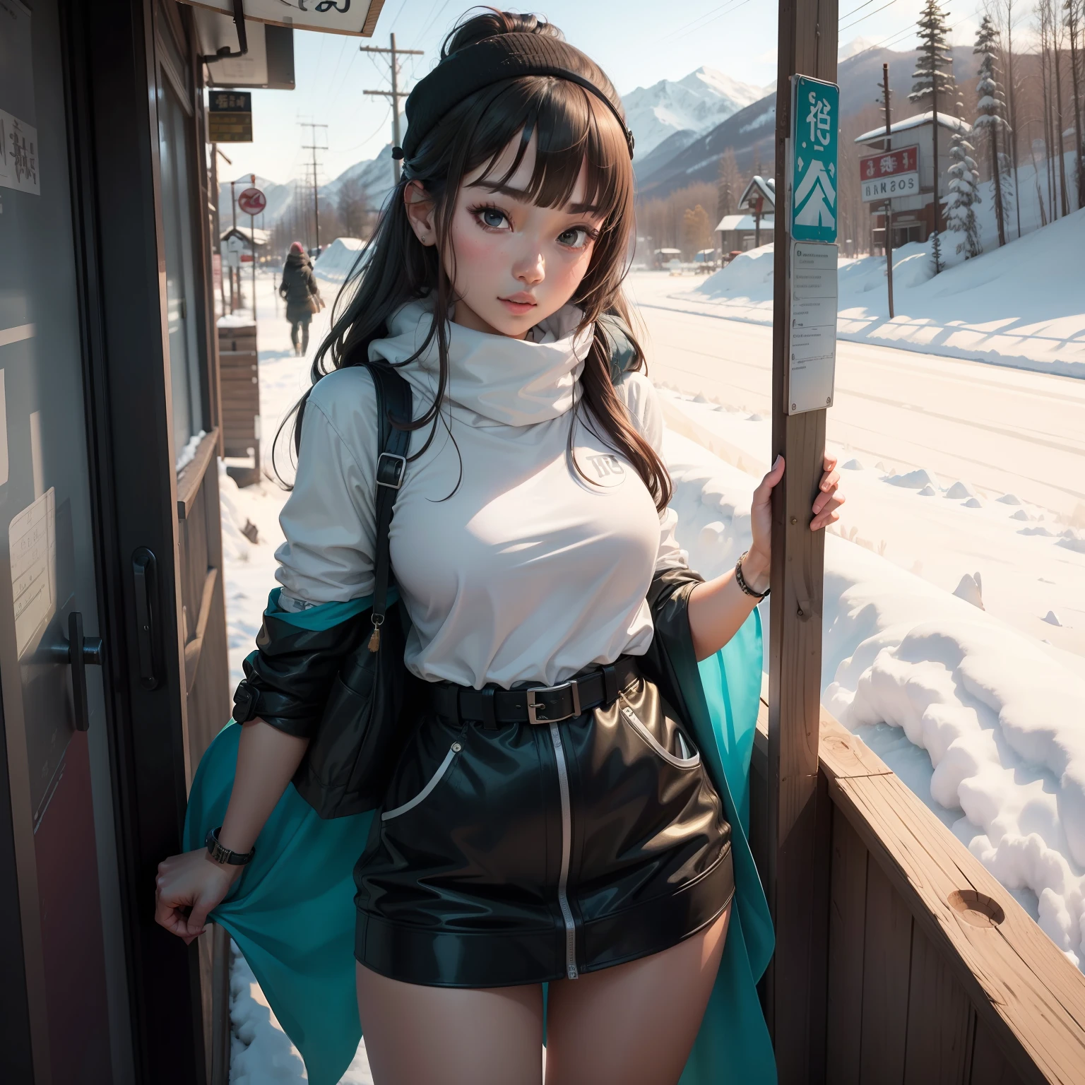 A beautiful girl who is sexy in a tong,Signboard in hand,It says 5559 solo fishing for cold river snow