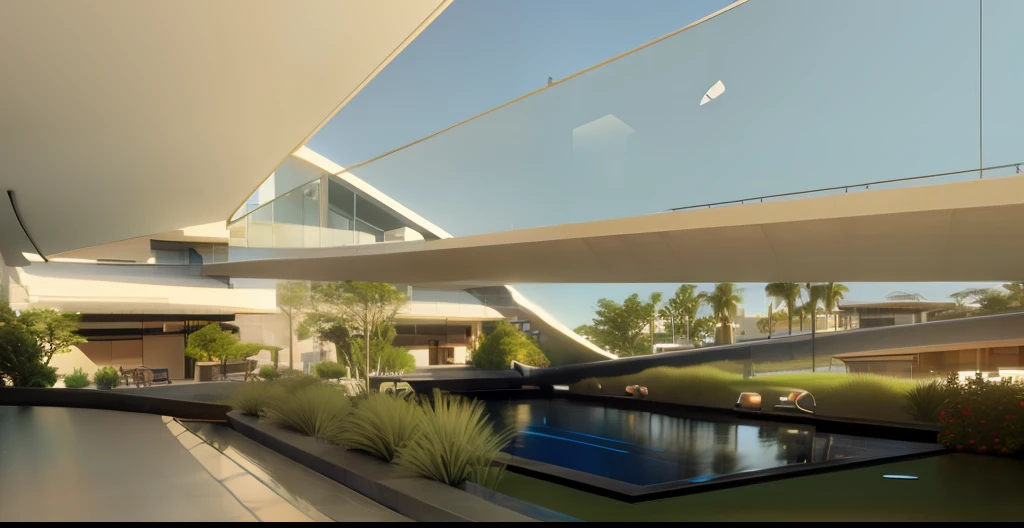 There is a large building with a swimming pool and a bridge, detail render, architecture rendering, architectural render, Casa Conceito, detailed render, complex 3 d render, architectural 3 d render, Complex 3D Rendering, high detail render, architectural visualisation, finalrender, Renderizado no Lumion Pro, Detailed rendering, architectural visualisation, low angle dimetric rendering