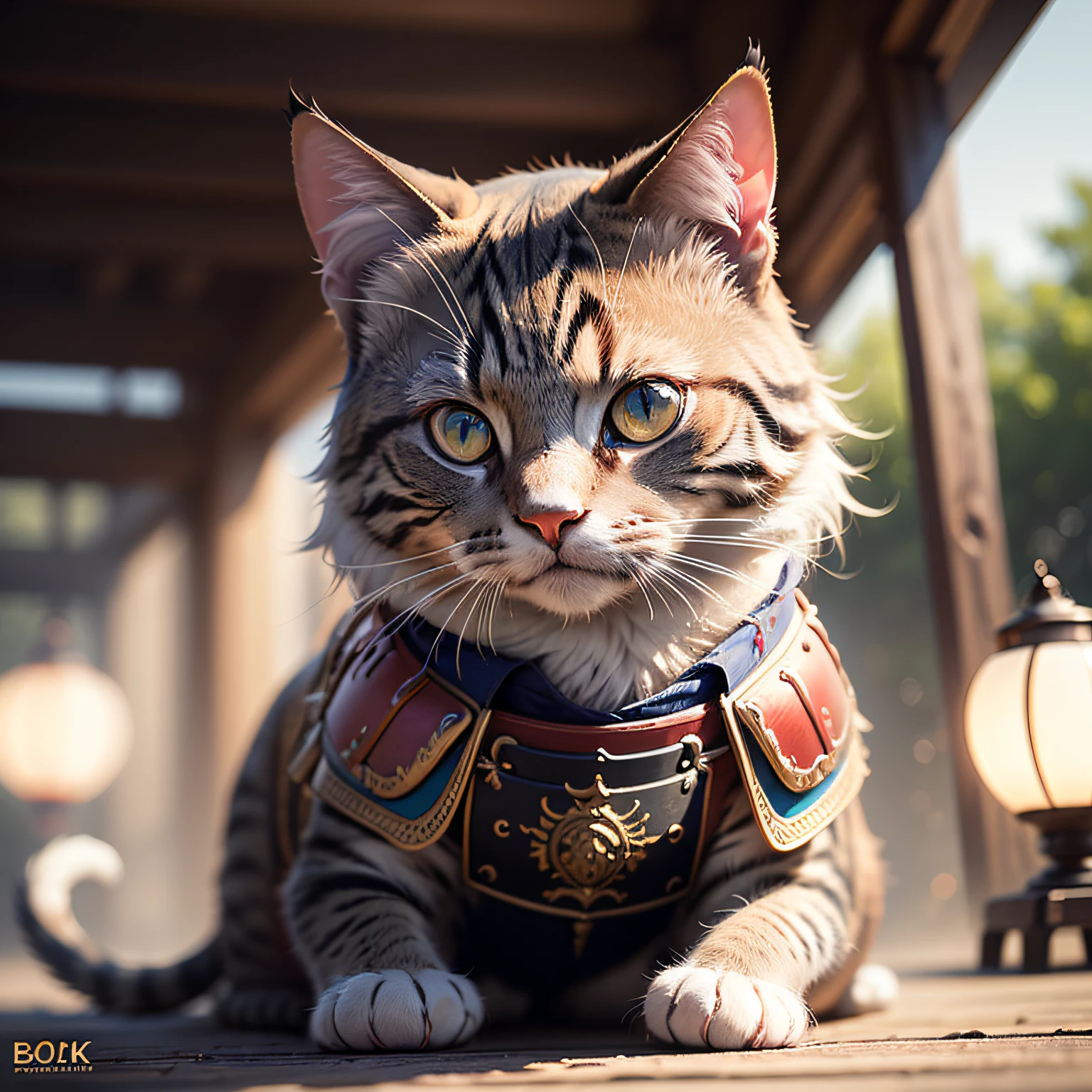 An ancient anthropomorphic cat samurai using an ancient samurai armor, photography, beautiful, bokeh temple background, colorful, masterpieces, top quality, best quality, official art, beautiful and aesthetic, realistic, cinematic light, (sharp focus:1.6), highly detailed, ultra realistic, 8k