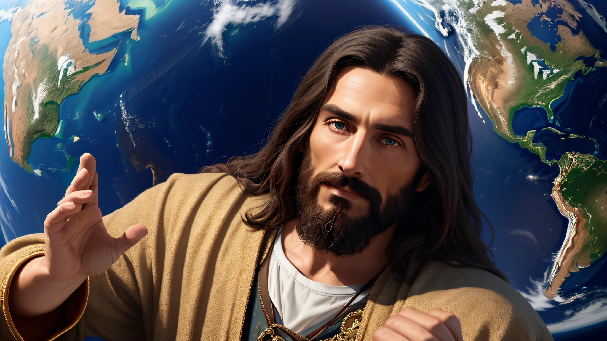 "Realistic 8k masterpiece with perfect anatomy: Jesus Christ holding planet Earth in one hand, with an undeformed face."