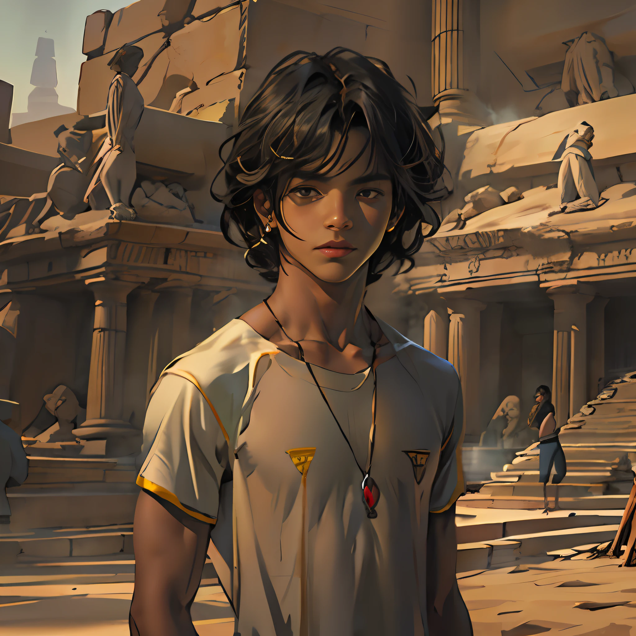 ultra realista, 16-year-old boy with cinnamon-brown skin, cuerpo atletico tonificado cabello liso,masculino serio pensativo observador tienviste camisa negra ajustada al cuerpo, de fondo una ciudad antiuga de egipto