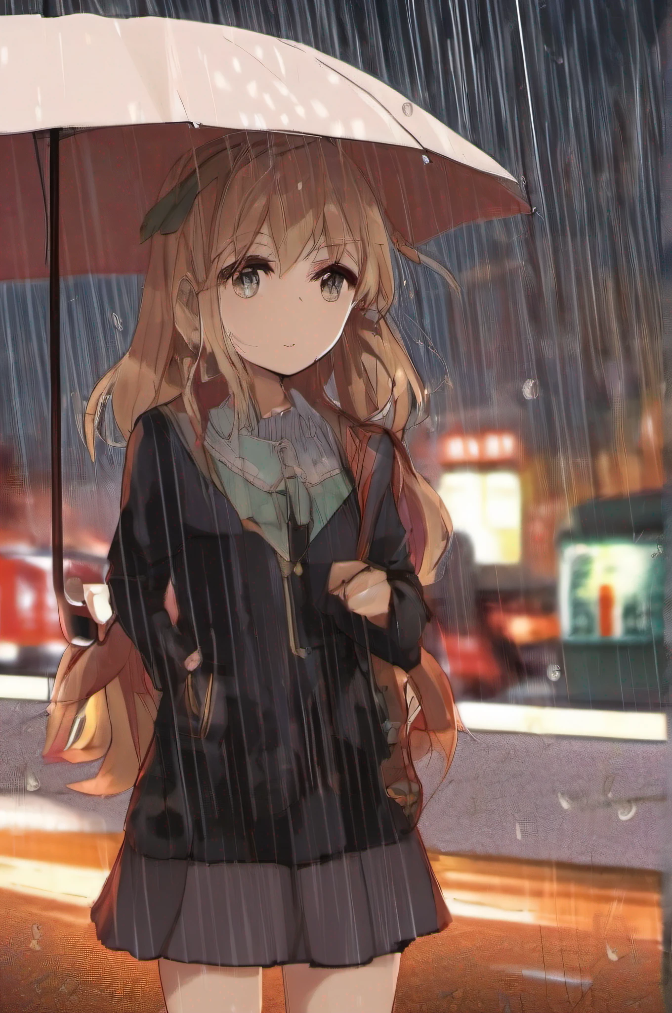 A girl in the heavy rain