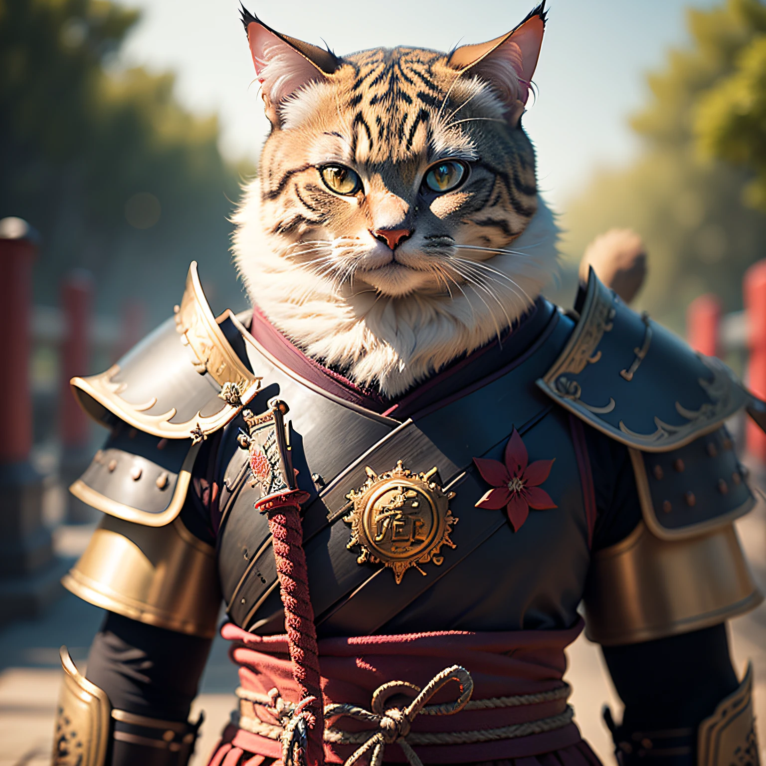 An ancient anthropomorphic cat samurai using an ancient samurai armor, photography, beautiful, bokeh temple background, colorful, masterpieces, top quality, best quality, official art, beautiful and aesthetic, realistic, cinematic light, (sharp focus:1.6), highly detailed, ultra realistic, 8k