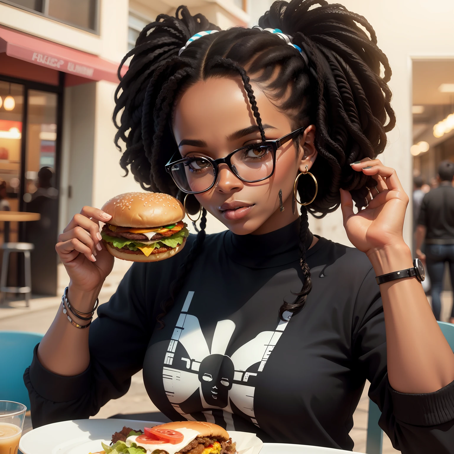 "Retrato de uma mulher negra com penteado Black Power, wearing glasses and enjoying a delicious burger"