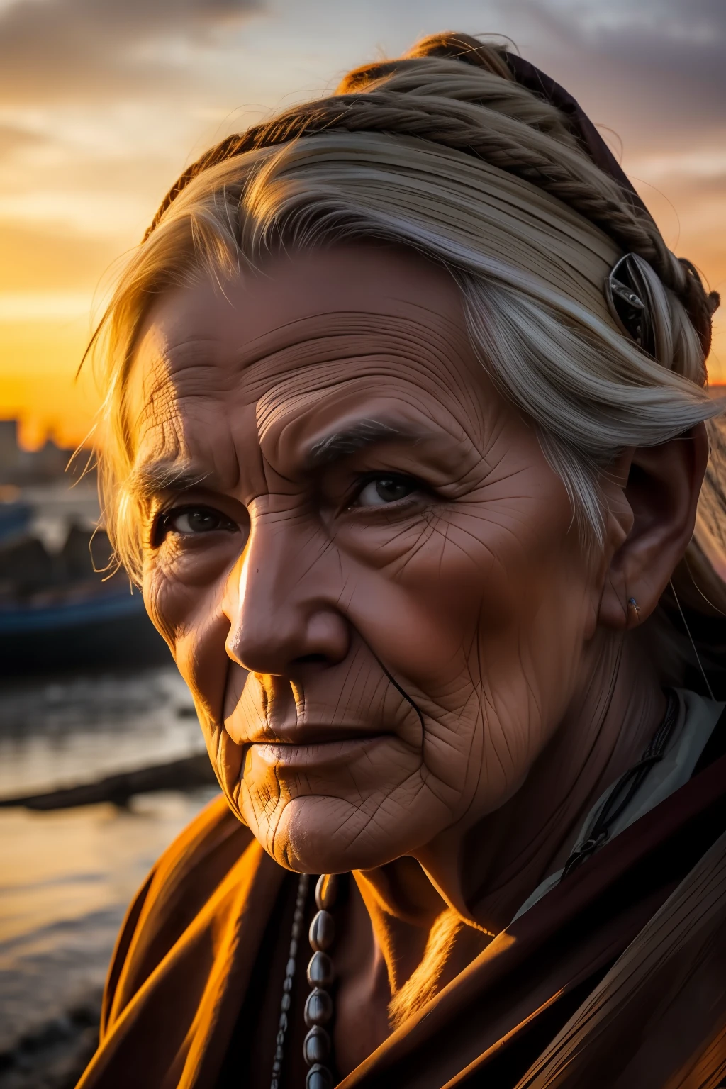 A close-up of an viking old woman's face, sunset lighting, with a backdrop of a dirty river and a shanty town.