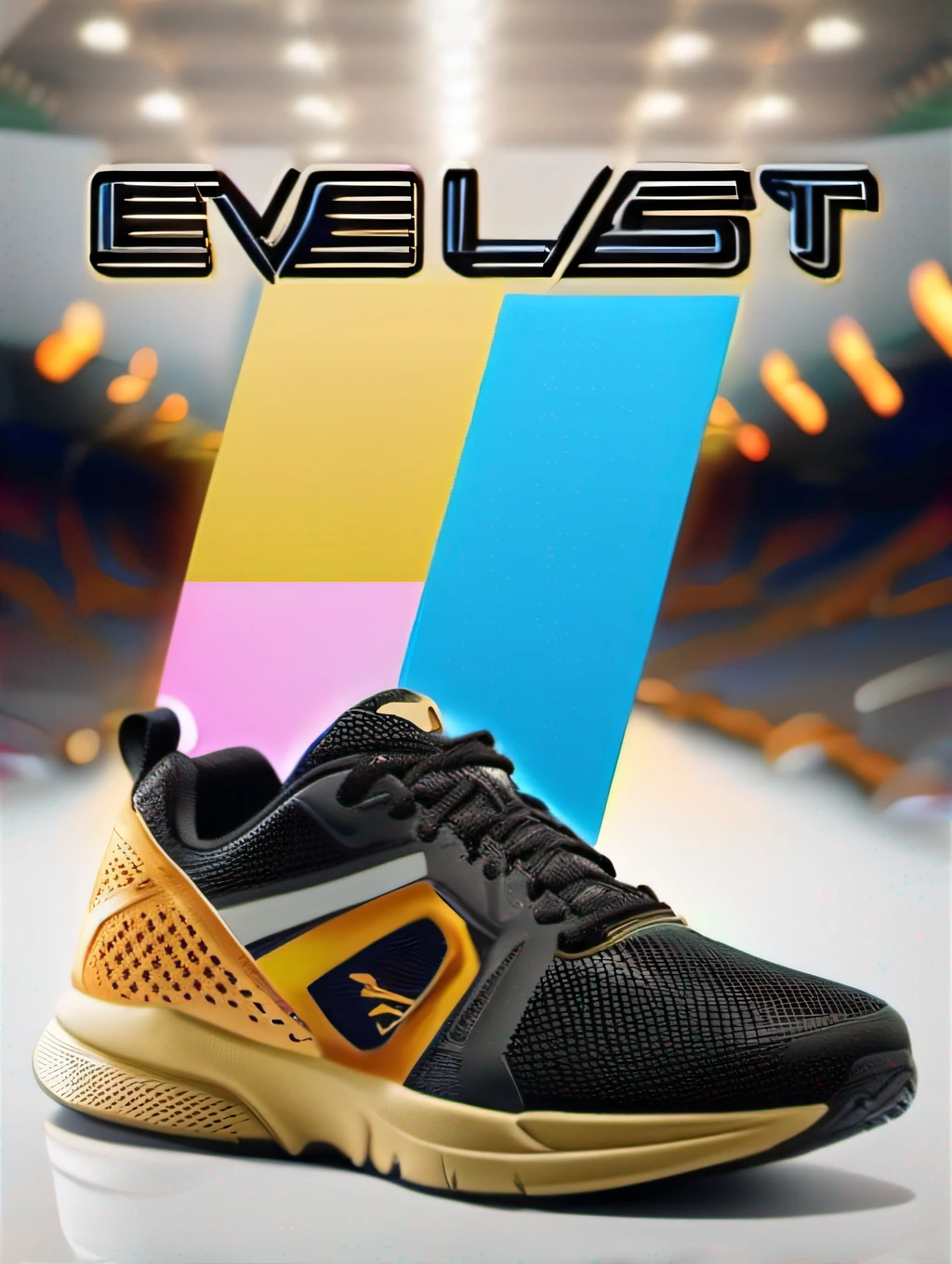 Create a blue and white or red and black running shoe with the Everlast brand graffiti theme. The sneaker should have a modern and aerodynamic design, with non-slip sole and advanced black and gold cushioning technology. Adicione detalhes em dourado nas laterais e no logotipo da marca Everlast em portugues perfeita,logo lateral perfeita,logo hiper igual a original,Sneakers similar to the original, so uma par de tenis, encima de uma caixa da everlast,No deformation on objects,generate a high-resolution image of a pair of Everlast sneakers,Technological Fund,luzes branca como uma tela de televisao,Comercial ,logo da everlast no cato superior esquerdo,advertising piece,ringue de boxe com a marca Everlast no chao e na fita que isola o ringue,fundo desfocado,analog camera,smoke in background ,luzes de filme,8K resolution.