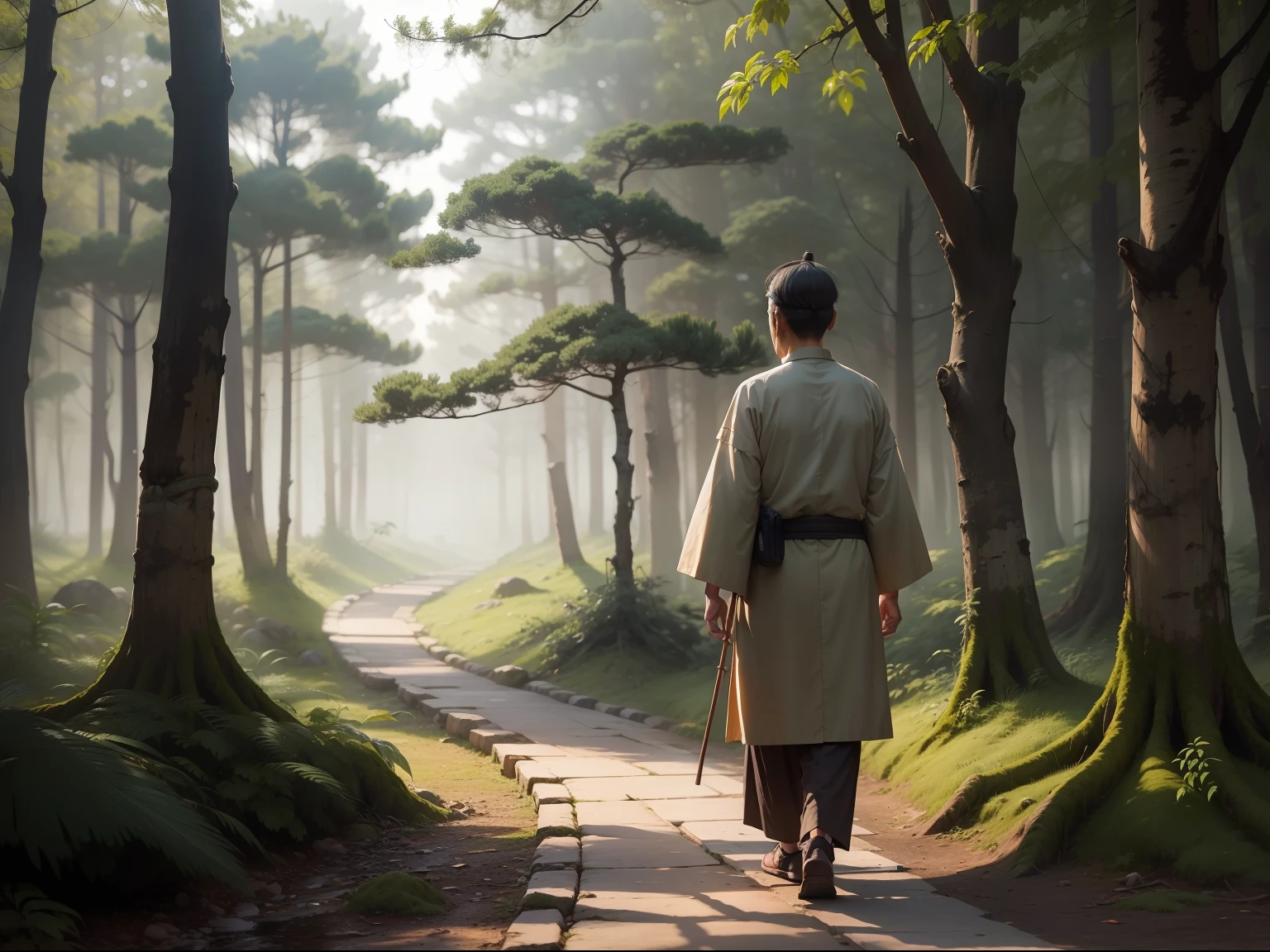 Old Chinese sage walking in the forest on his back
