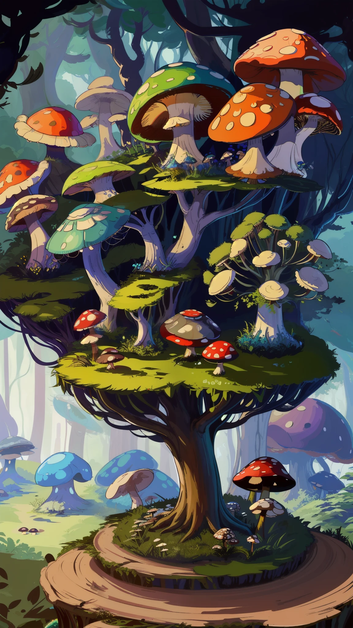 Close-up of a bunch of mushrooms in the forest, mushroom city, Mushroom forest, cyber mushroom city, mushroom house, forest made of mushrooms, mushroom trees, Stylized concept art, mushroom house, 3 d render stylized, Mushrooms are everywhere, Detailed digital 2D fantasy art, houses in the shape of mushrooms, magical fantasy 2 d concept art