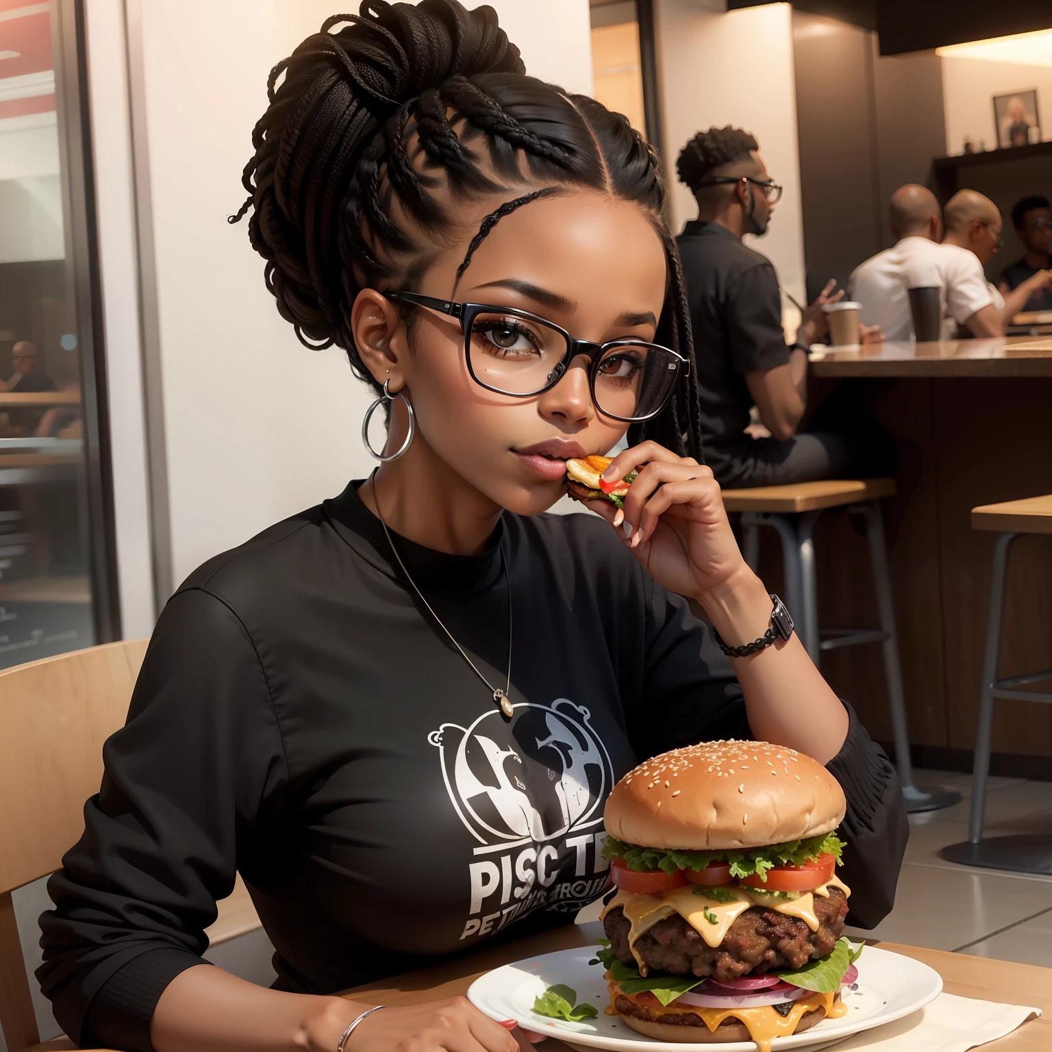 "Retrato de uma mulher negra com penteado Black Power, wearing glasses and enjoying a delicious burger"