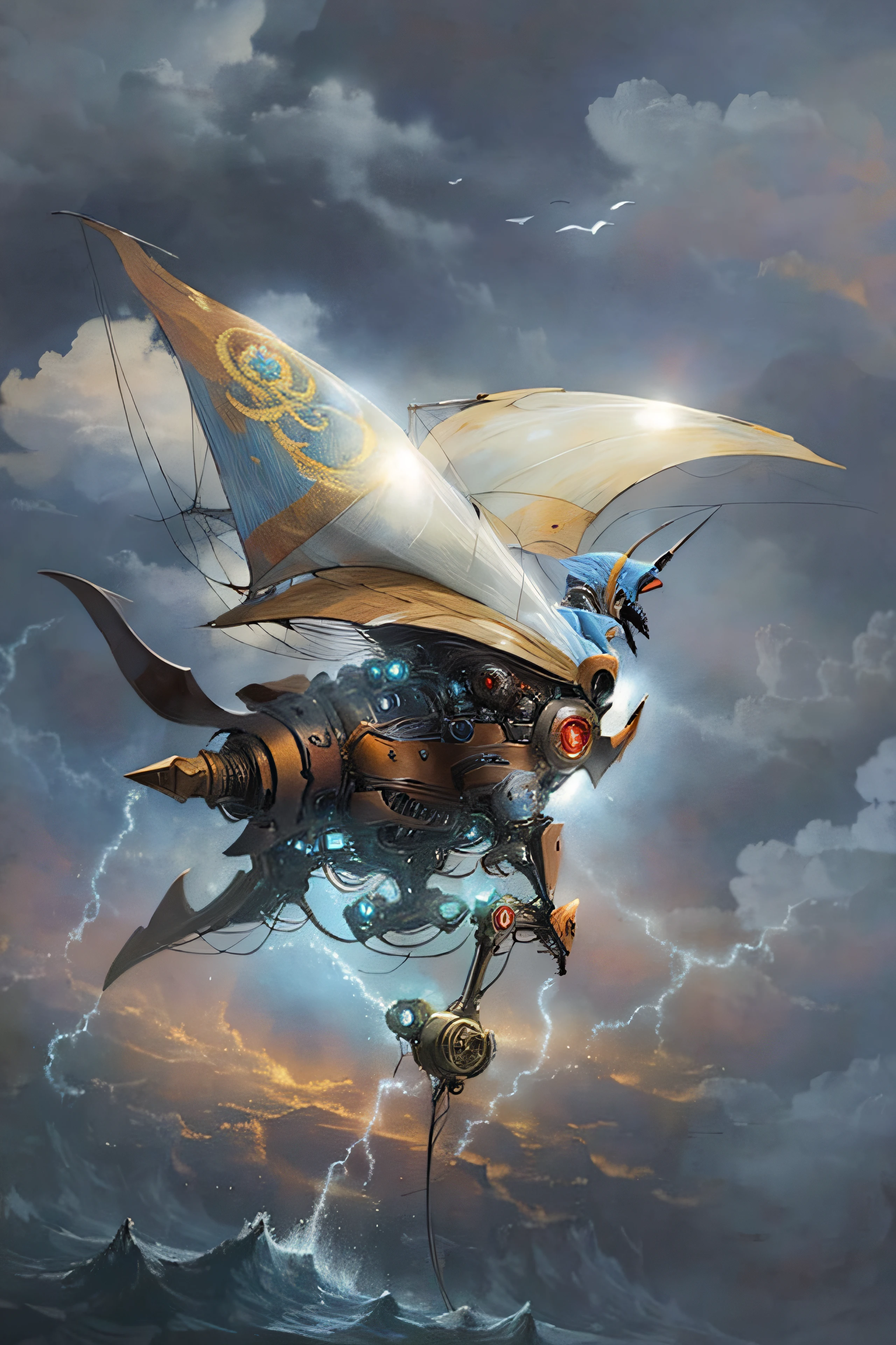 Precioso super velero pirata estilizado volando entre las nubes multicolores esplendorosas y abajo un mar esmeralda encrespado con enormes olas que se acercan al cielo