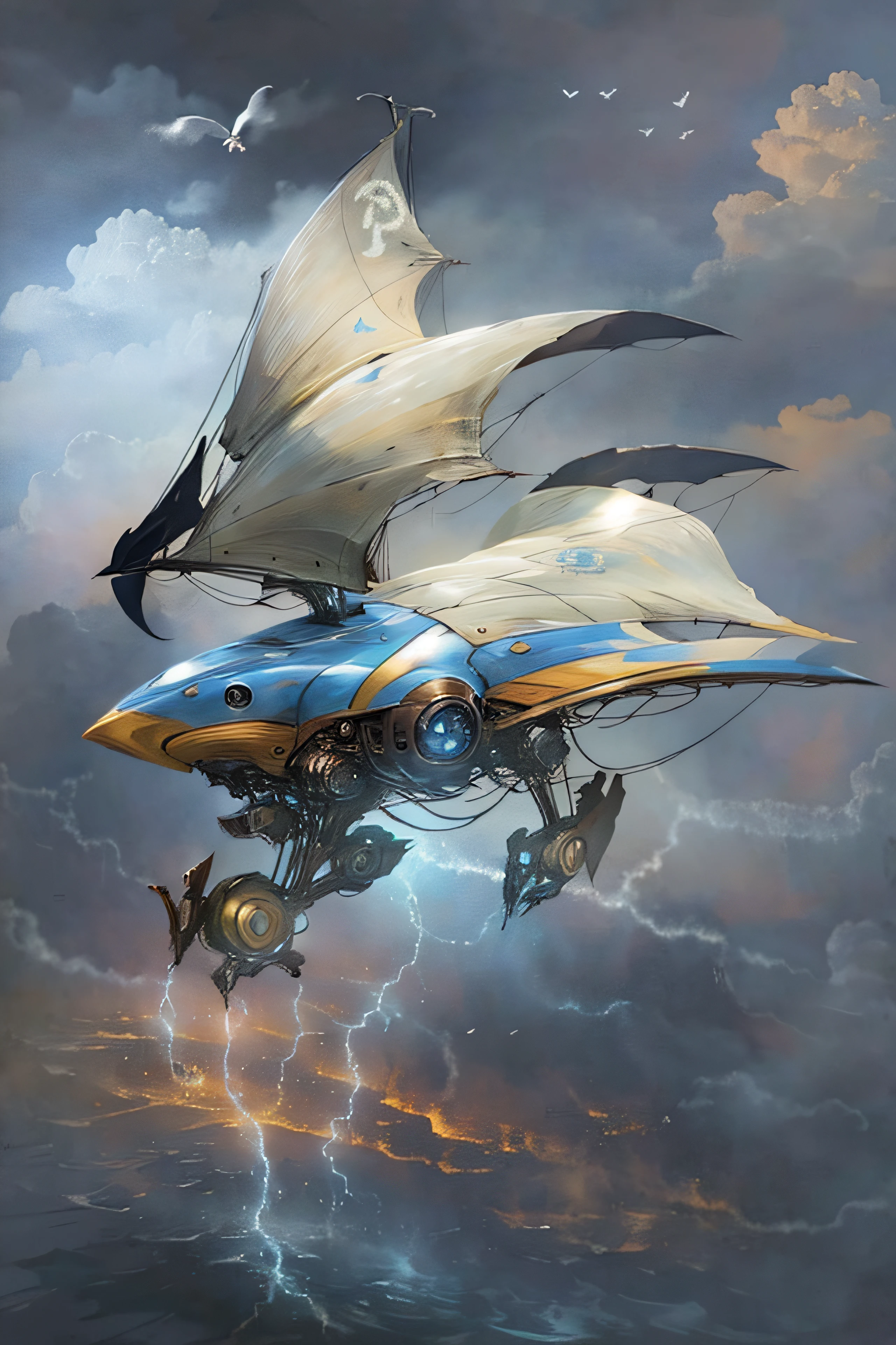 Precioso super velero pirata estilizado volando entre las nubes multicolores esplendorosas y abajo un mar esmeralda encrespado con enormes olas que se acercan al cielo