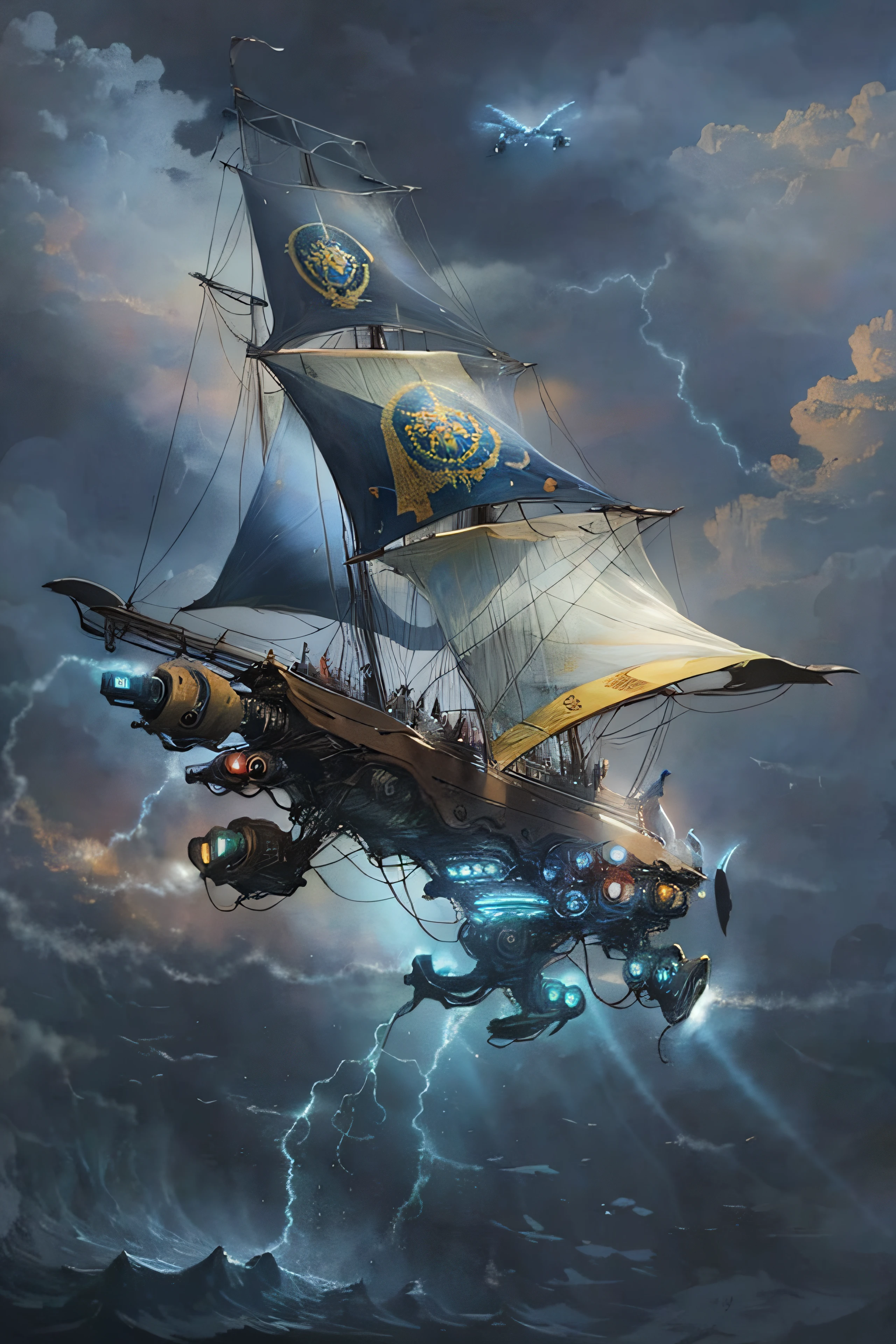 Precioso super velero pirata estilizado volando entre las nubes multicolores esplendorosas y abajo un mar esmeralda encrespado con enormes olas que se acercan al cielo