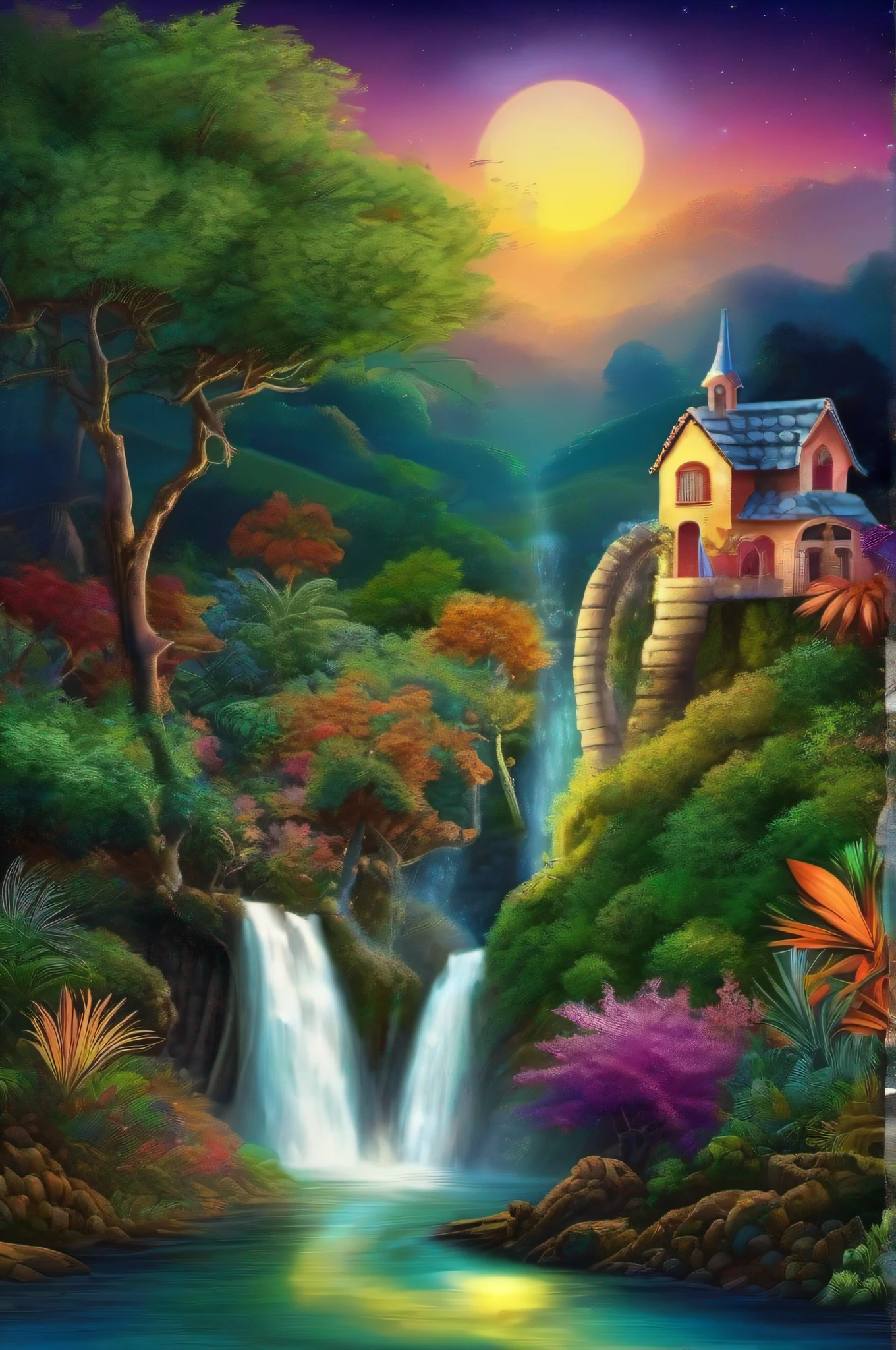uma linda cachoeira a noite, vagalumes, luz da lua, agua limpa, vegetation and trees with lots of color