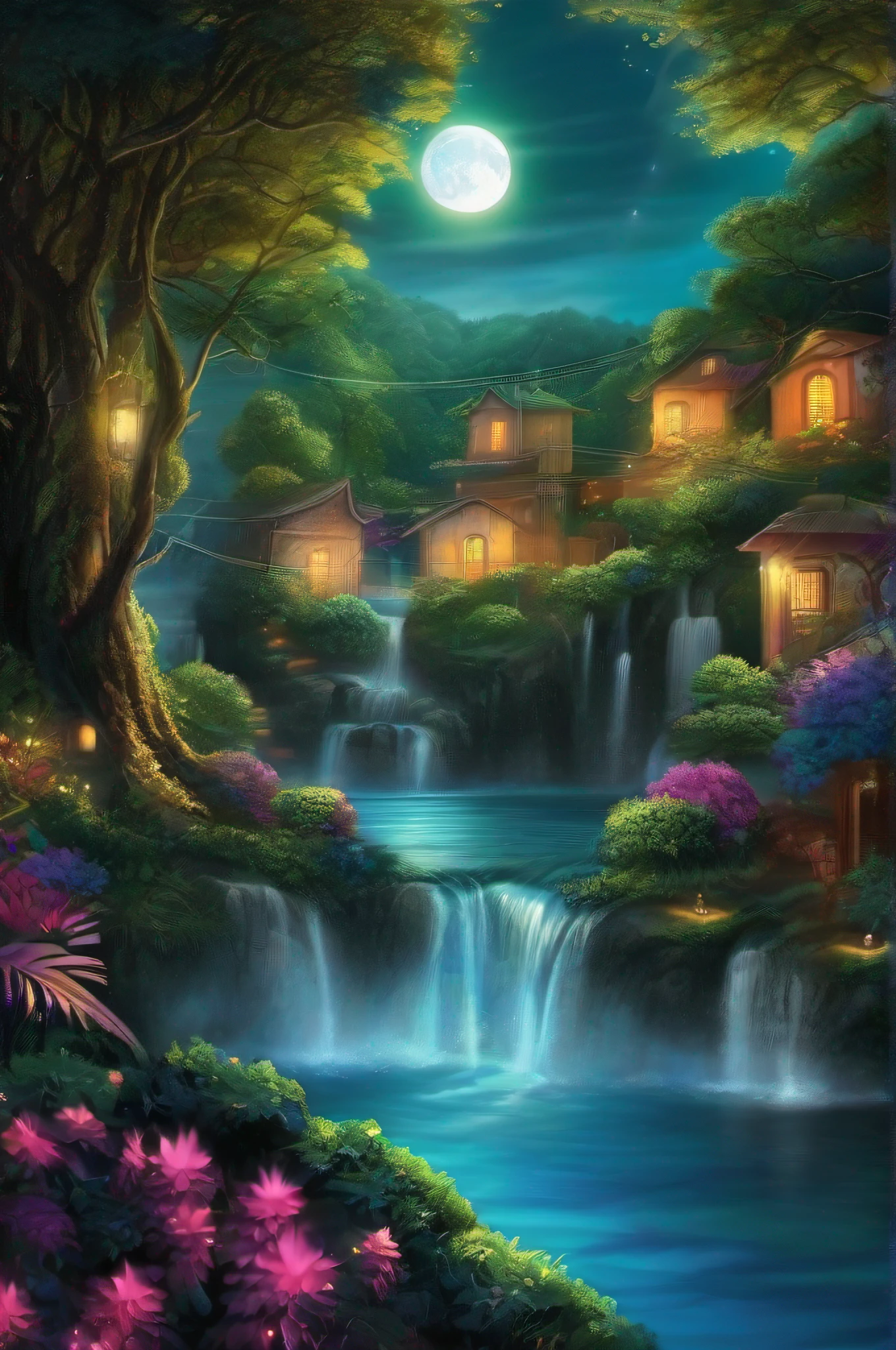 uma linda cachoeira a noite, vagalumes, luz da lua, agua limpa, vegetation and trees with lots of color