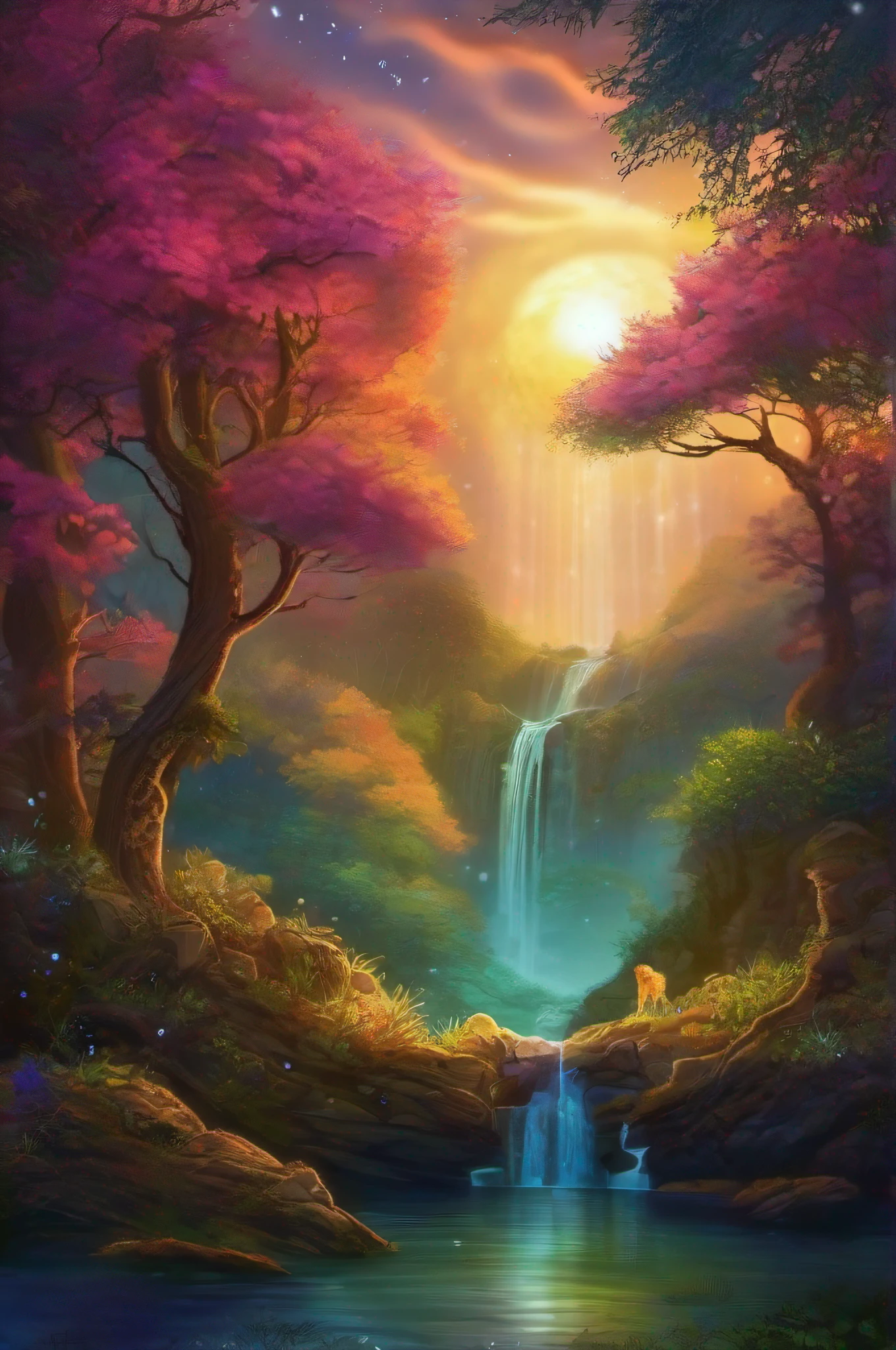 uma linda cachoeira a noite, vagalumes, luz da lua, agua limpa, vegetation and trees with lots of color