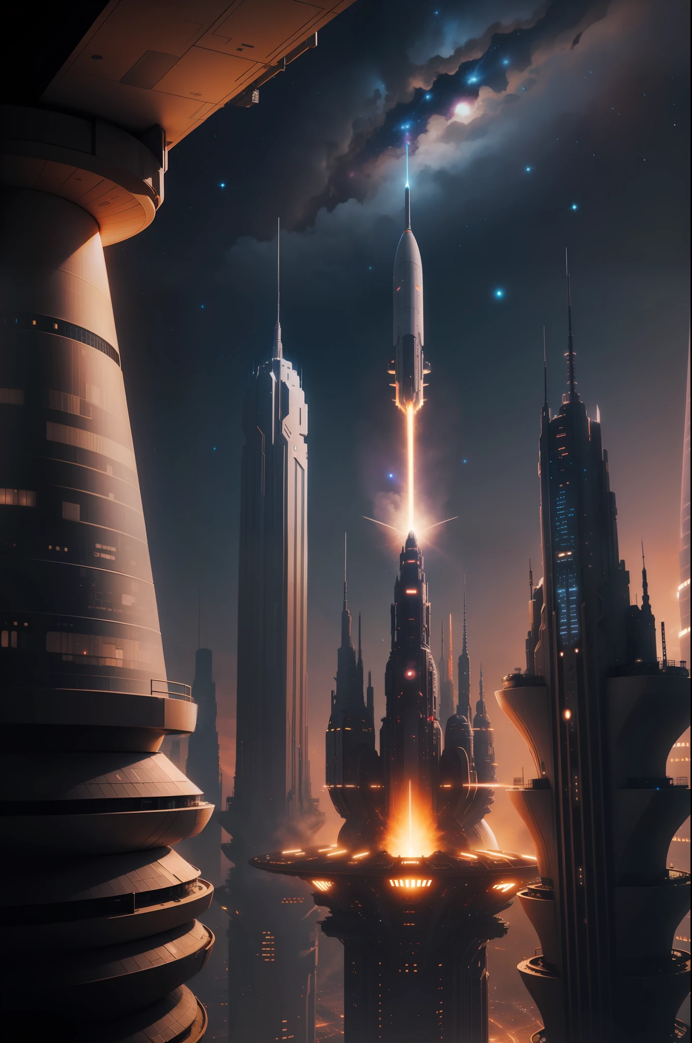 futuristic city with the sky of galaxies and illuminated with magical and interstellar light, with aerospace structures flying between the buildings and very futuristic