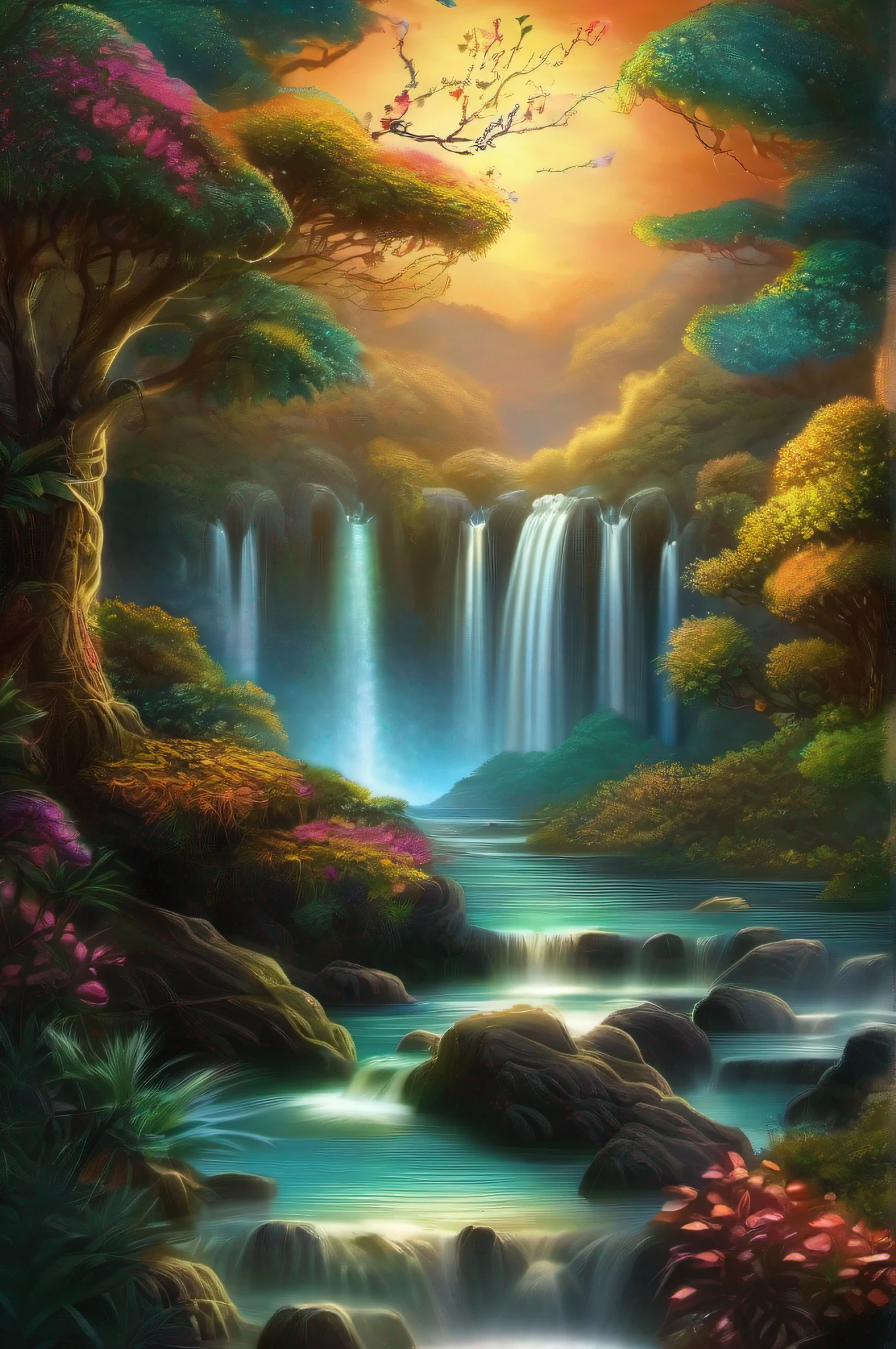 uma linda cachoeira a noite, vagalumes, luz da lua, agua limpa, vegetation and trees with lots of color