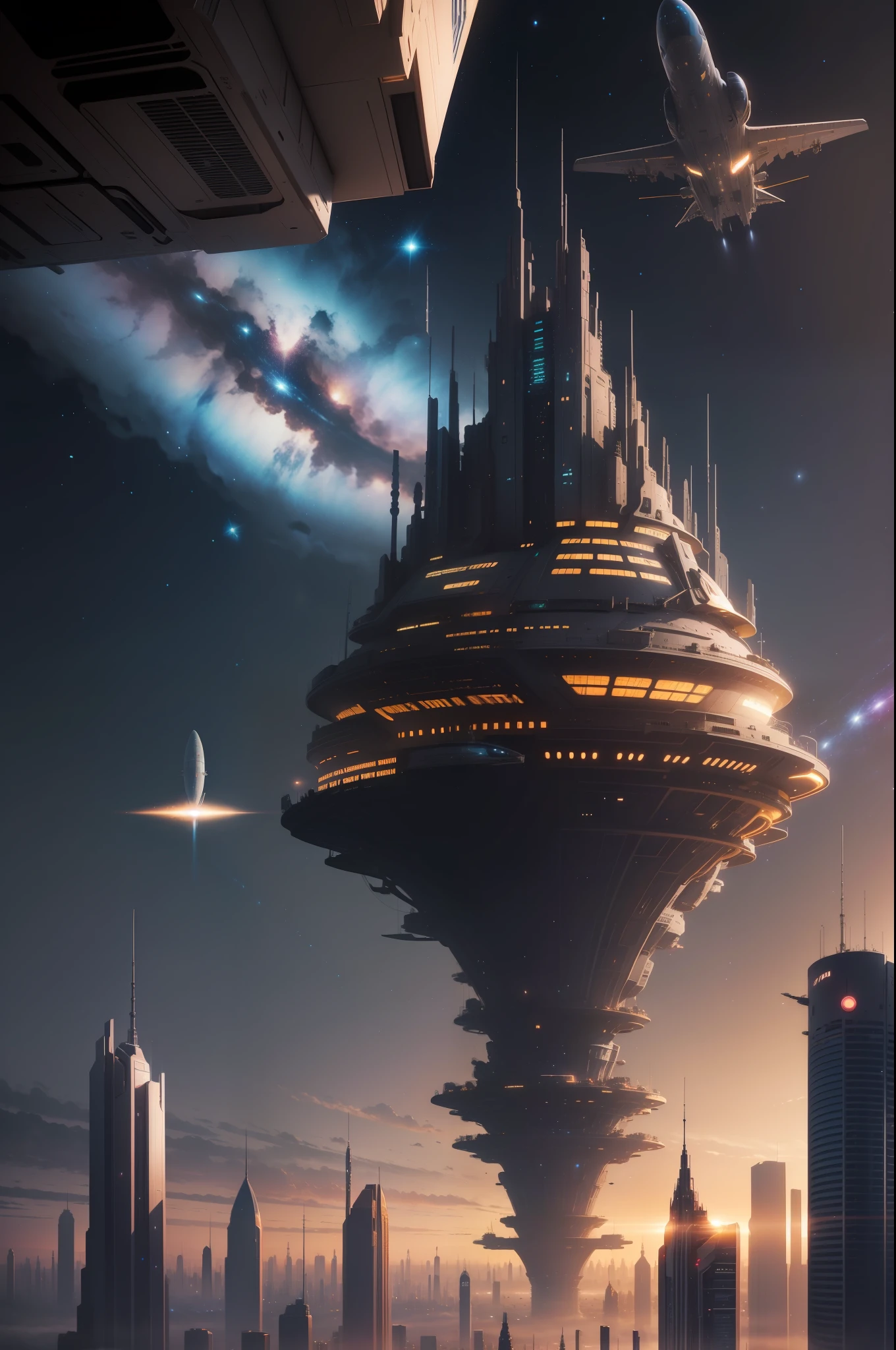 futuristic city with the sky of galaxies and illuminated with magical and interstellar light, with aerospace structures flying between the buildings and very futuristic
