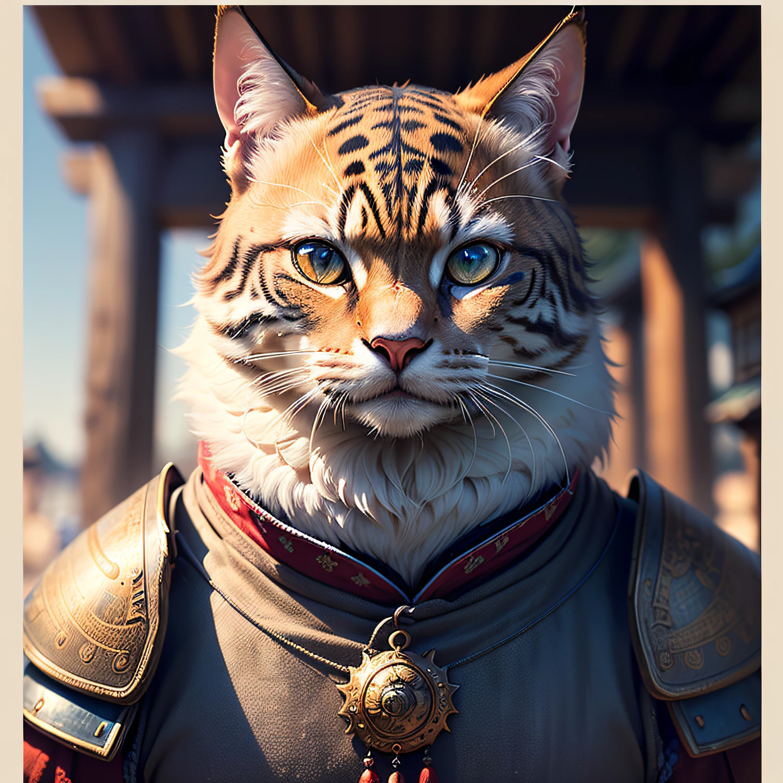 (masterpiece, best_quality, beautiful digital art:1.4), (half-body shot:1.5), ancient anthropomorphic cat samurai using an ancient samurai armor, photography, beautiful, bokeh temple background, colorful, masterpieces, top quality, best quality, official art, beautiful and aesthetic, realistic, cinematic light, (sharp focus:1.6), highly detailed, ultra realistic, 8k