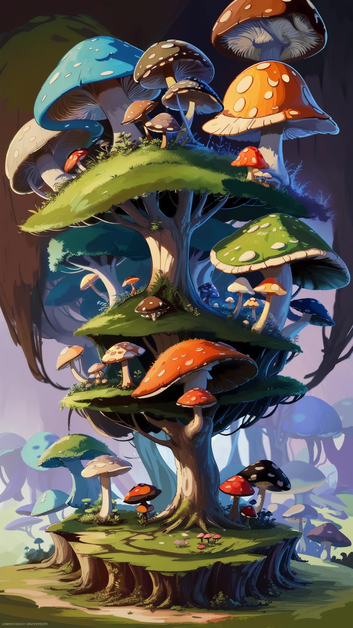Close-up of a bunch of mushrooms in the forest, mushroom city, Mushroom forest, cyber mushroom city, mushroom house, forest made of mushrooms, mushroom trees, Stylized concept art, mushroom house, 3 d render stylized, Mushrooms are everywhere, Detailed digital 2D fantasy art, houses in the shape of mushrooms, magical fantasy 2 d concept art