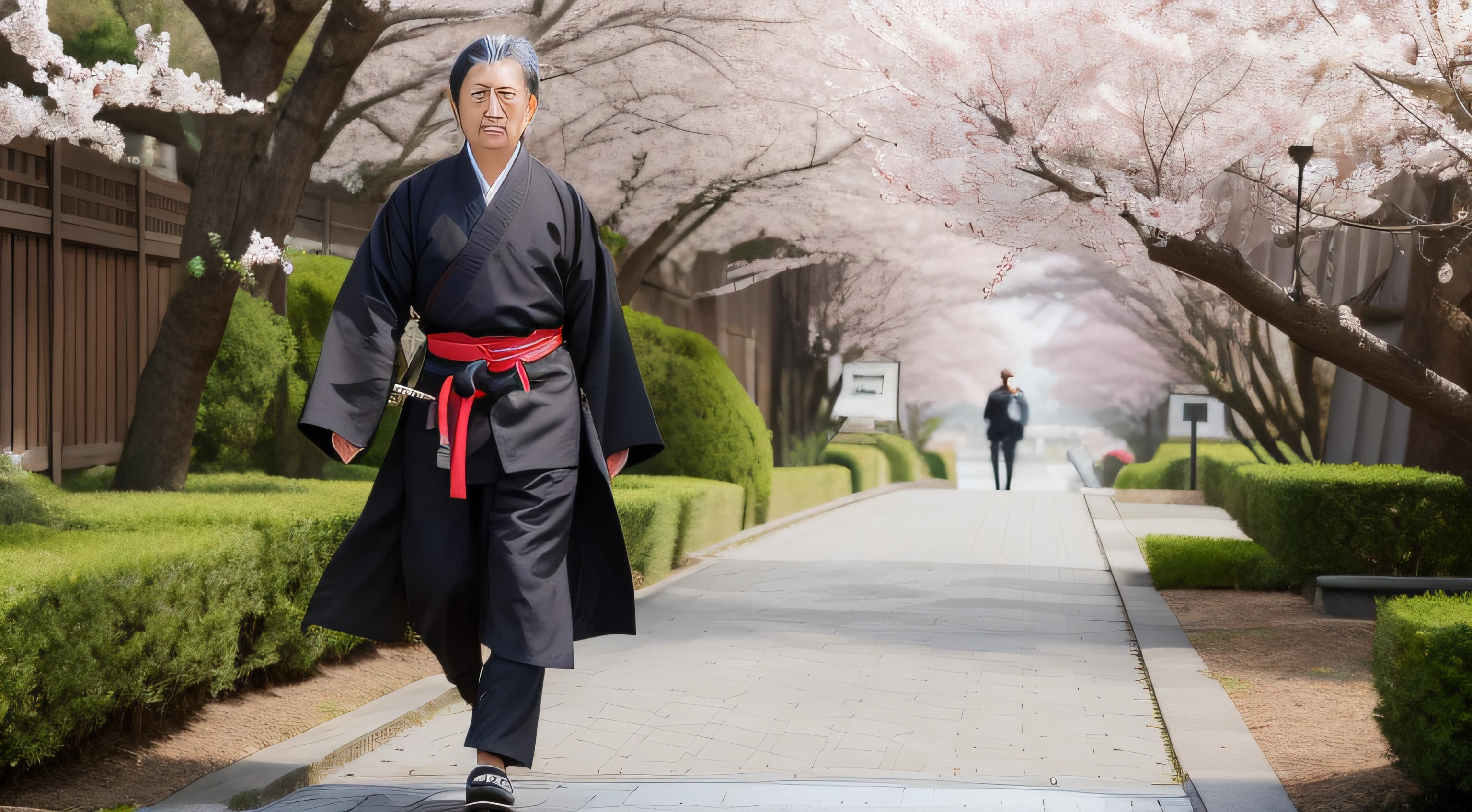 In this evocative scene, Miyamoto Musashi, the legendary Japanese swordsman and philosopher, is captured in motion as he walks with purpose and grace. The cherry blossom trees gently sway in the background, adding to the sense of harmony and tranquility surrounding him. Musashi's confident stride and focused gaze reflect the determination and self-assurance that defined his character. His hand rests lightly on the hilt of his katana, a reminder of his warrior spirit ever-present. This powerful image captures the essence of Musashi's journey through life, one of constant growth and self-discovery, as he navigated the path of the sword and the path of wisdom. It invites viewers to imagine walking alongside this revered figure, embracing the spirit of adventure and learning that defined Miyamoto Musashi's legacy.