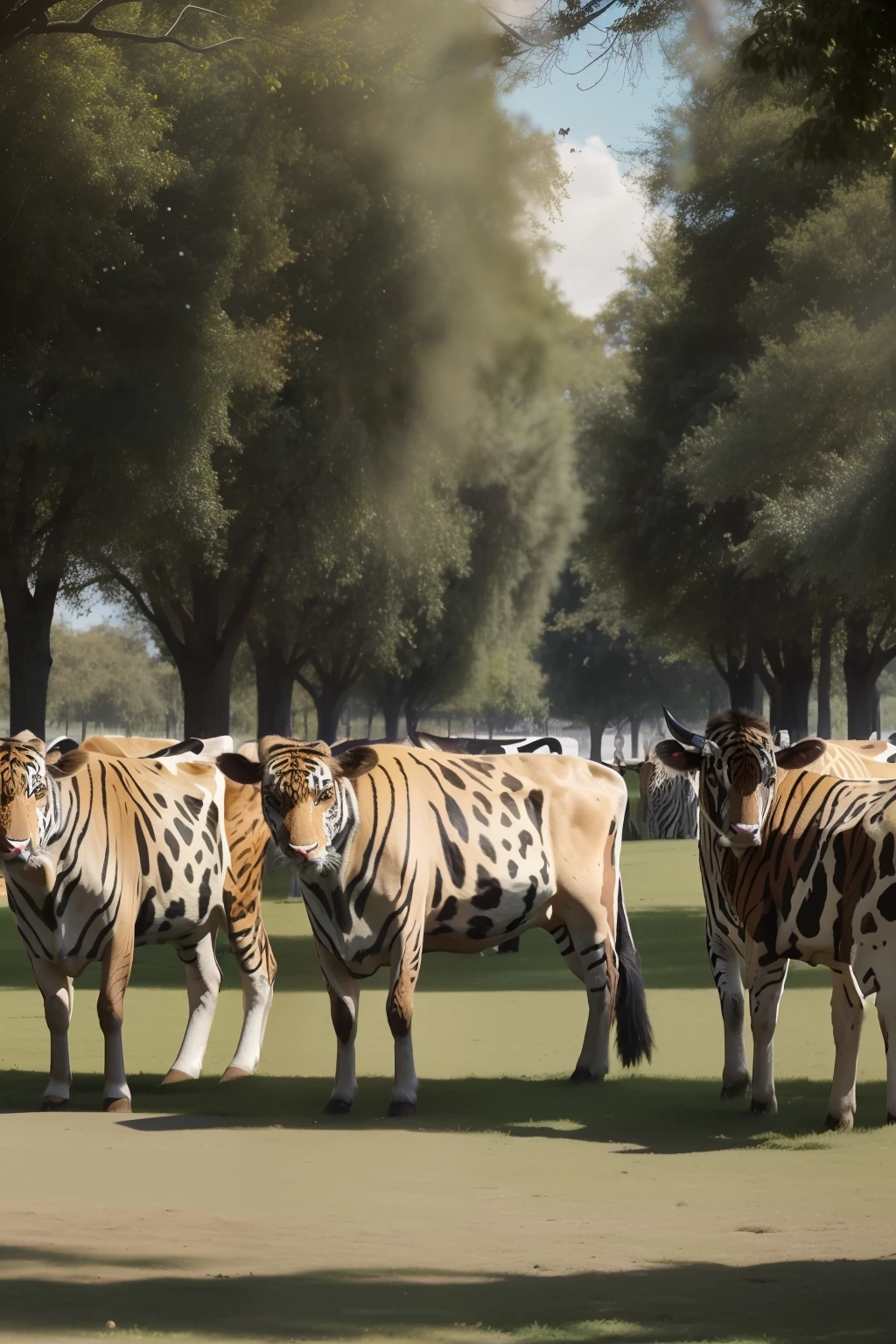 ((a herd of ((( Vacas con pelaje totalmente pintado como el del tigre ))) are standing separately in a city park, algunas de frente y otras de perfil, movimiento)) fashion photograhy, Luz diurna, inspirador, Toma de retrato, promo image, gente observa, dia soleado, Foto publicitaria, Ultra HD, 8k, obra maestra