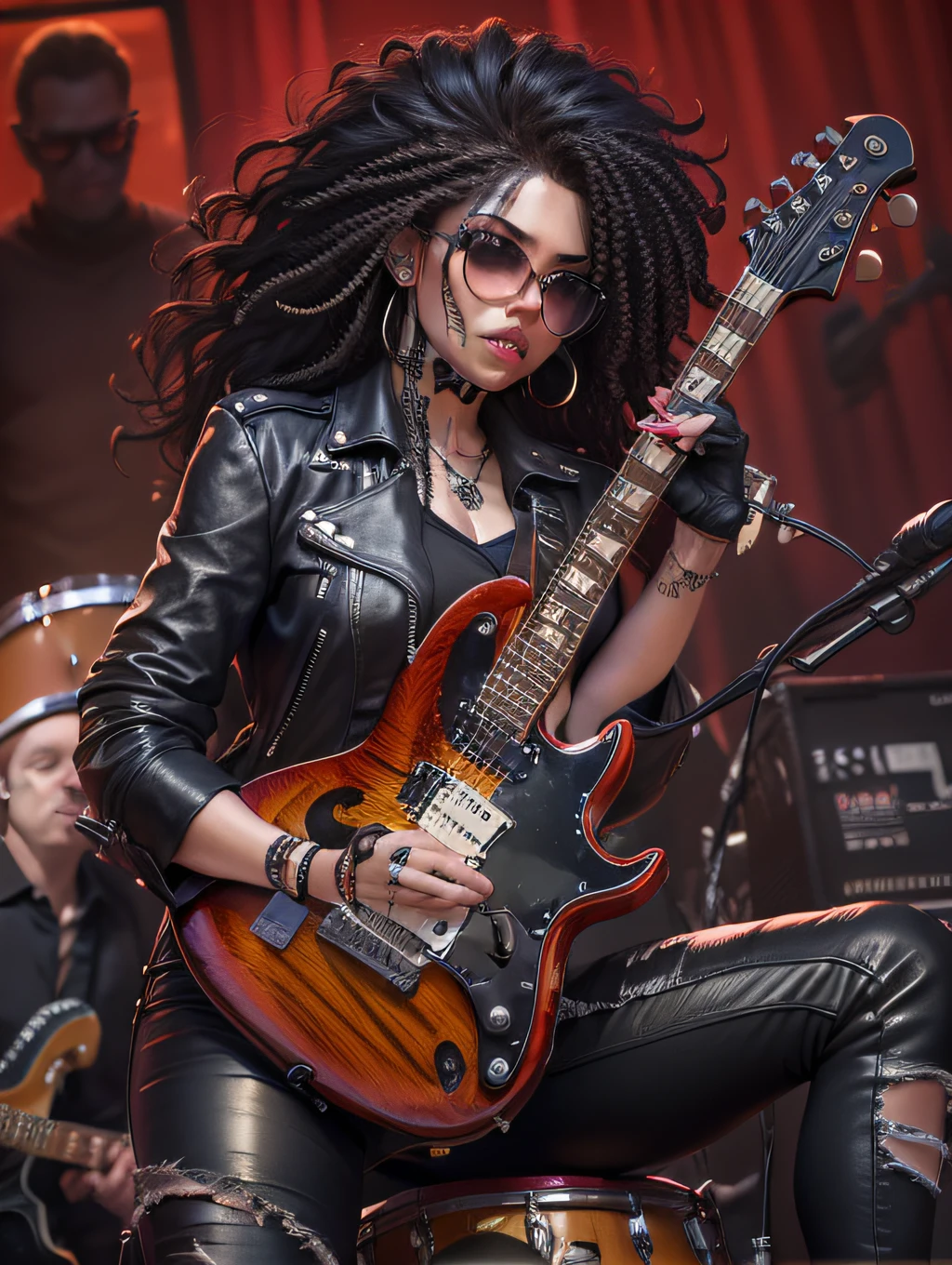 mulher vestida estilo rockeira, com blusa de couro preta, black leather pants, com adornos de caveira, cabelos loiros longos esparramados, tocando uma guitarra vermelha com detalhes de desenho de fogo, em um palco de show de rock