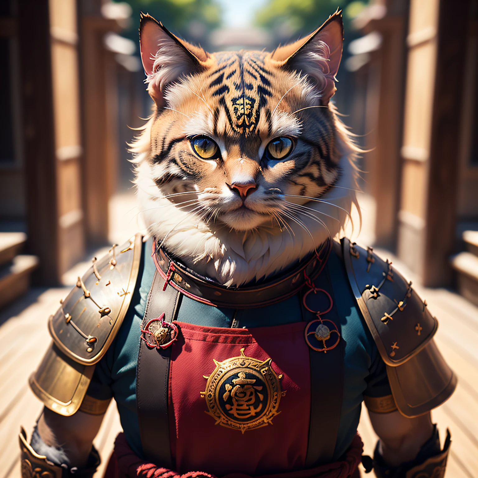 (masterpiece, best_quality, beautiful digital art:1.4), (half-body shot:1.5), ancient anthropomorphic cat samurai using an ancient samurai armor, photography, beautiful, bokeh temple background, colorful, masterpieces, top quality, best quality, official art, beautiful and aesthetic, realistic, cinematic light, (sharp focus:1.6), highly detailed, ultra realistic, 8k