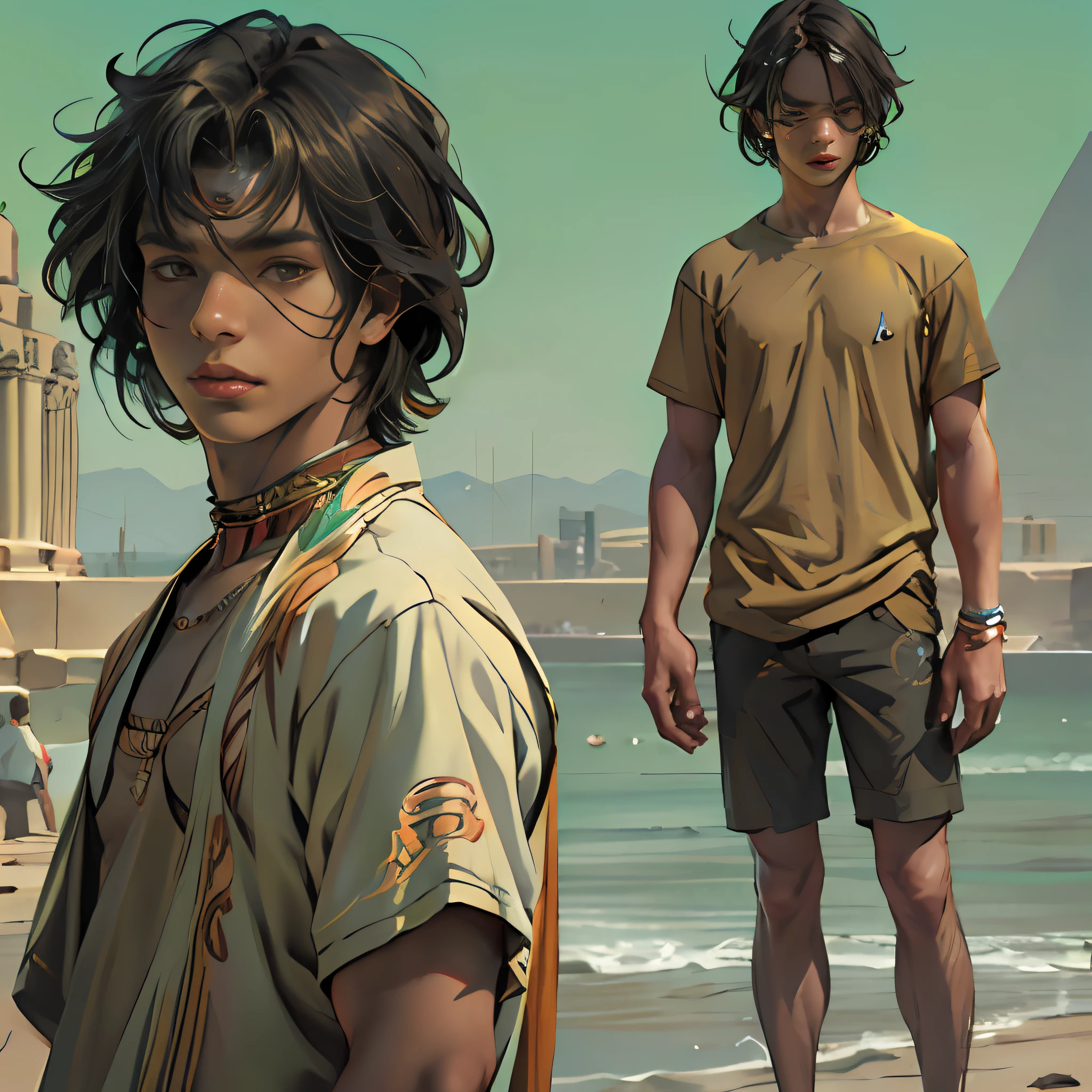 ultra realista, 16-year-old boy with cinnamon-brown skin, cuerpo atletico tonificado cabello liso,masculino serio pensativo observador tienviste camisa negra ajustada al cuerpo, de fondo una ciudad antiuga de egipto