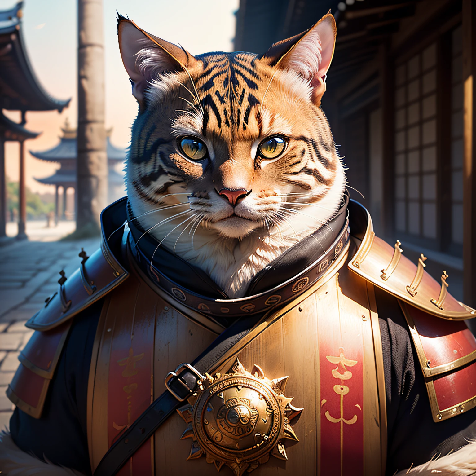 (masterpiece, best_quality, beautiful digital art:1.4), (half-body shot:1.5), ancient anthropomorphic cat samurai using an ancient samurai armor, photography, beautiful, bokeh temple background, colorful, masterpieces, top quality, best quality, official art, beautiful and aesthetic, realistic, cinematic light, (sharp focus:1.6), highly detailed, ultra realistic, 8k