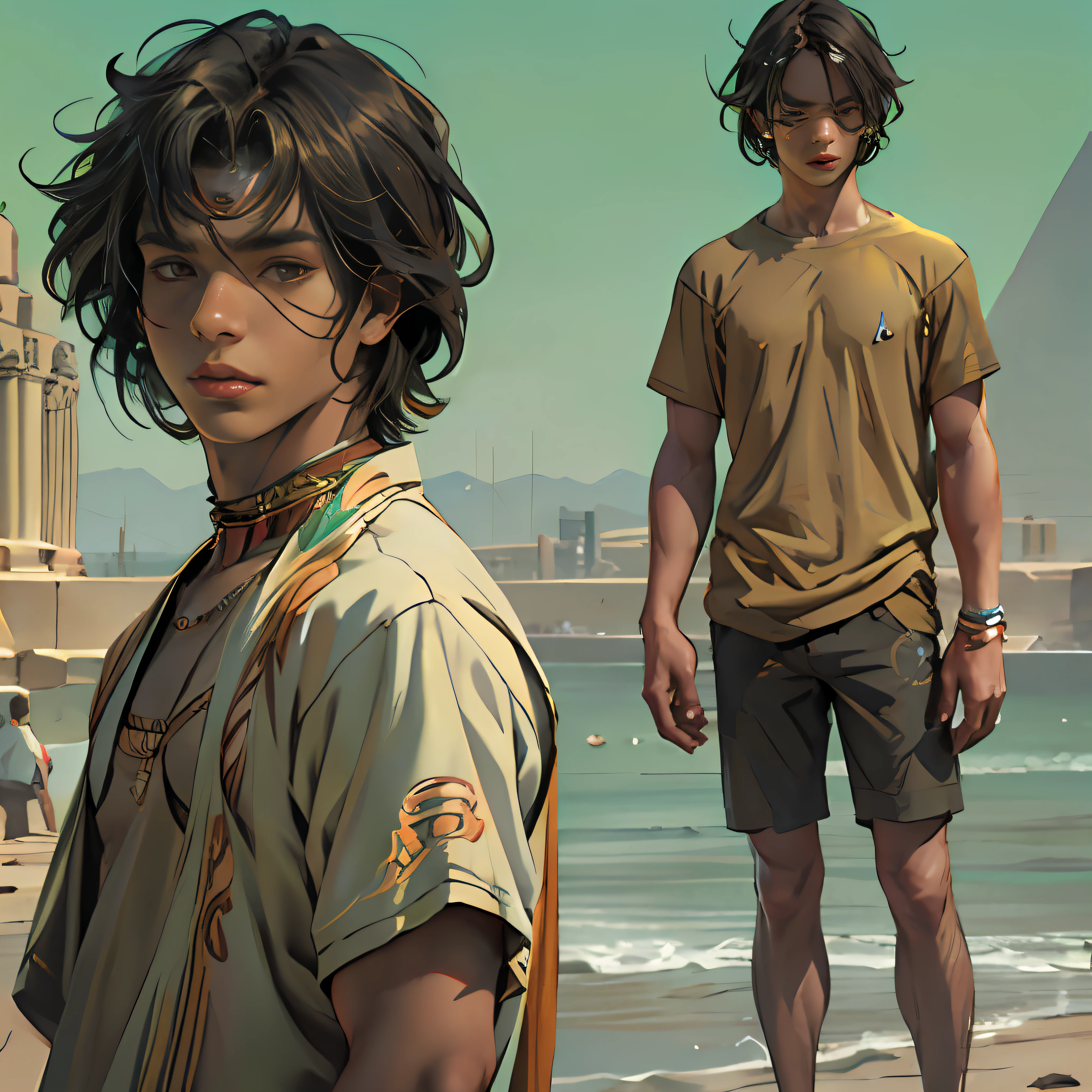 ultra realista, 16-year-old boy with cinnamon-brown skin, cuerpo atletico tonificado cabello liso,masculino serio pensativo observador tienviste camisa negra ajustada al cuerpo, de fondo una ciudad antiuga de egipto