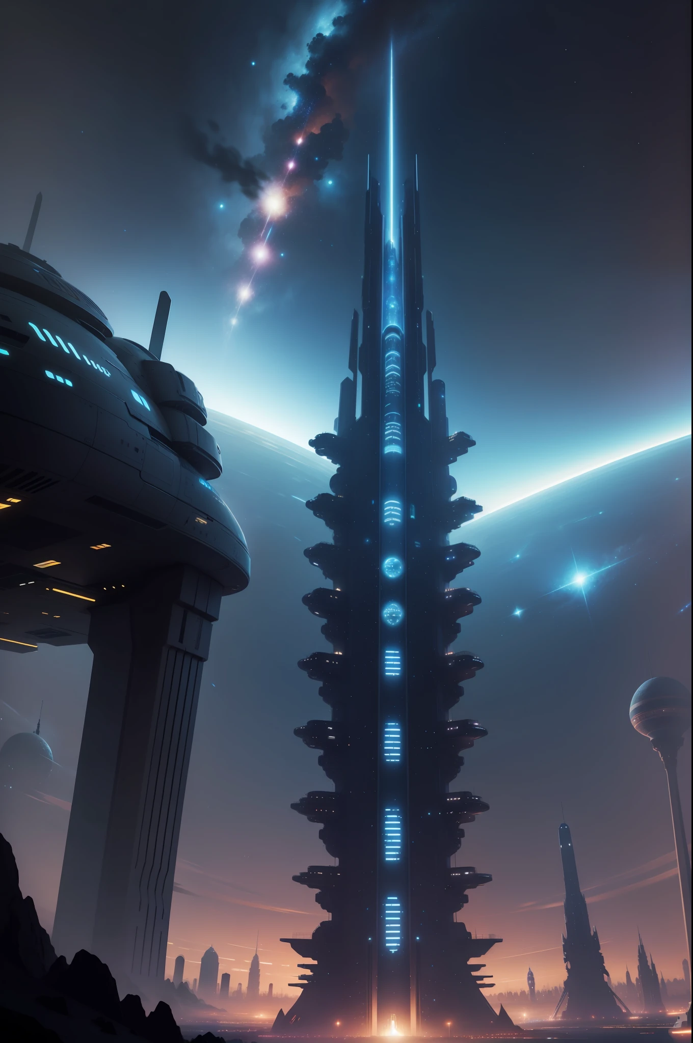 futuristic city with the sky of galaxies and illuminated with magical and interstellar light, with aerospace and futuristic structures