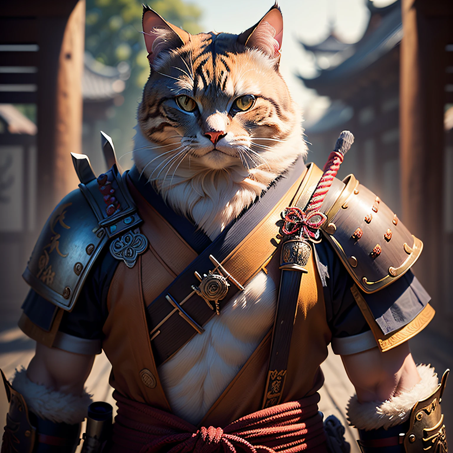 (masterpiece, best_quality, beautiful digital art:1.4), (half-body shot:1.5), ancient anthropomorphic cat samurai using an ancient samurai armor, photography, beautiful, bokeh temple background, colorful, masterpieces, top quality, best quality, official art, beautiful and aesthetic, realistic, cinematic light, (sharp focus:1.6), highly detailed, ultra realistic, 8k