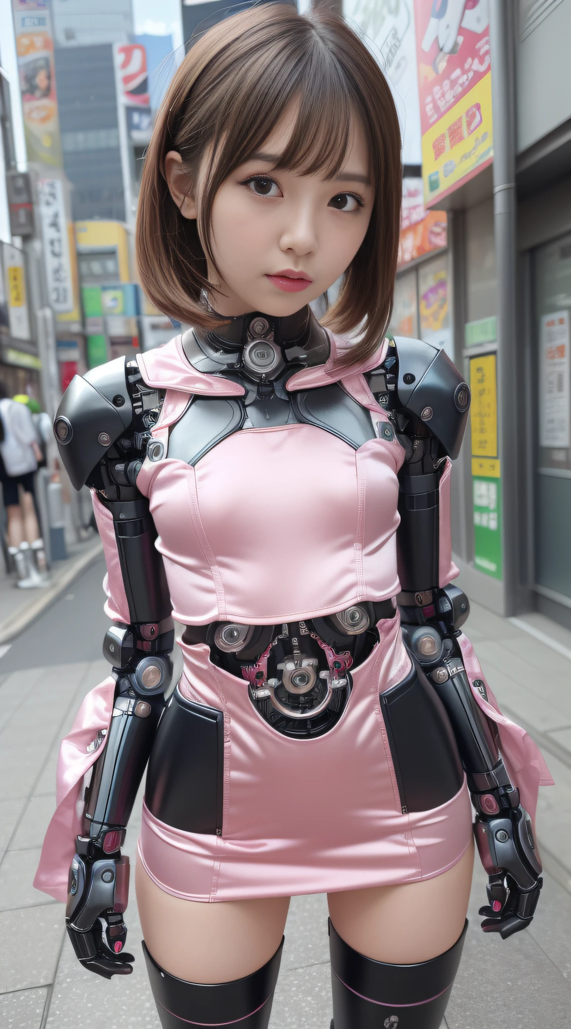 (Photorealsitic:1.4)、Onegirl、(top-quality),(hyperdetailed face)、(Super well-formed face)、((Robot Parts))、(Cyborg girl)、(metalic)、(fullllbody)、(sexy  pose)、(Slender body)、(Model body type)、(mecha exposure)、(akihabara)、(is looking at the camera)、(A dark-haired)、(９Head and body)、(a small face)、(Idol)、(front facing)、(is standing)、(Photo session)、(Looks sad)、(Cyborg girl in pink satin dress)、(sleeve less)、(a miniskirt)、(Ｋ－ＰＯＰthe wind)